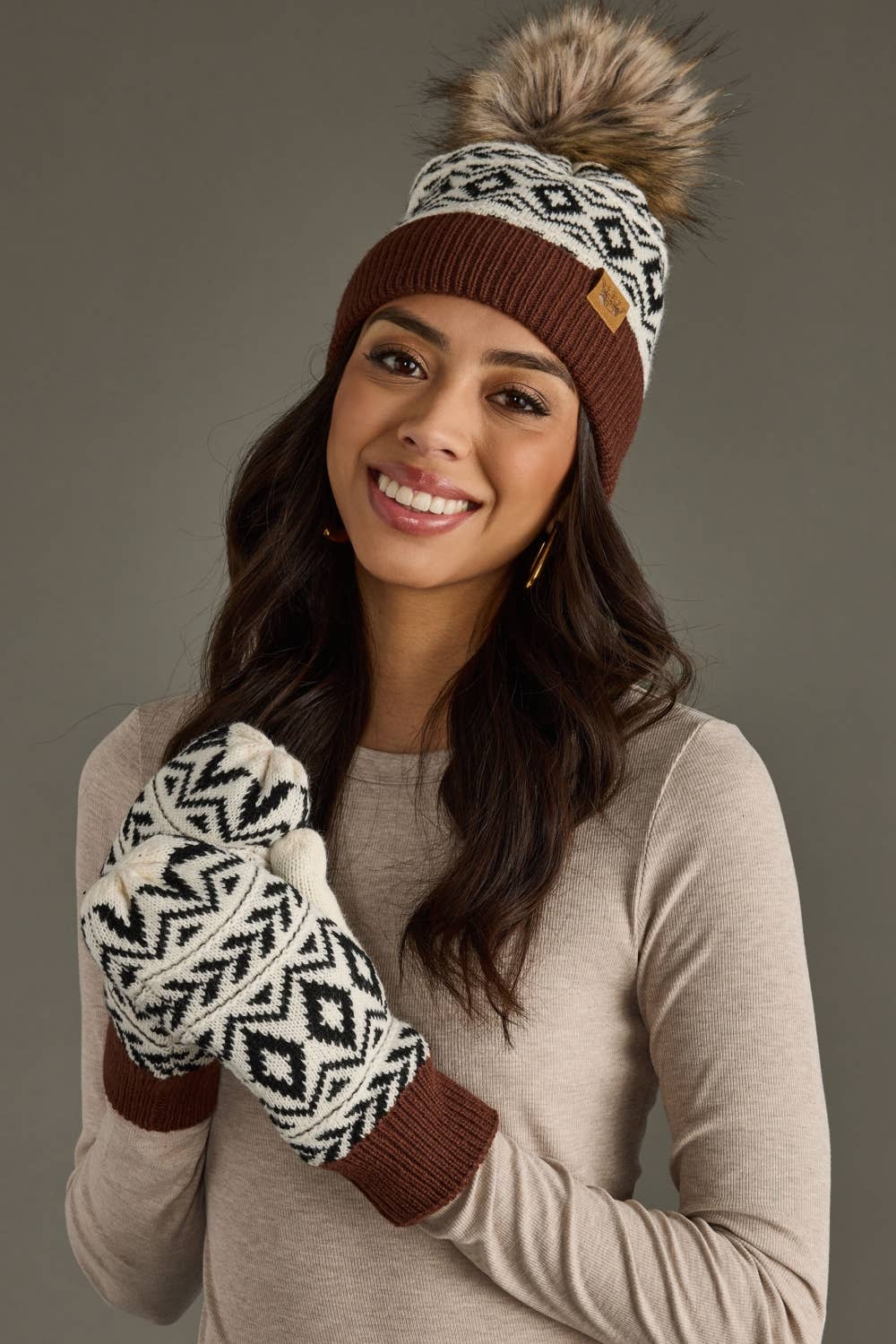 Ivory, Black & Brown Pattern Pom Hat