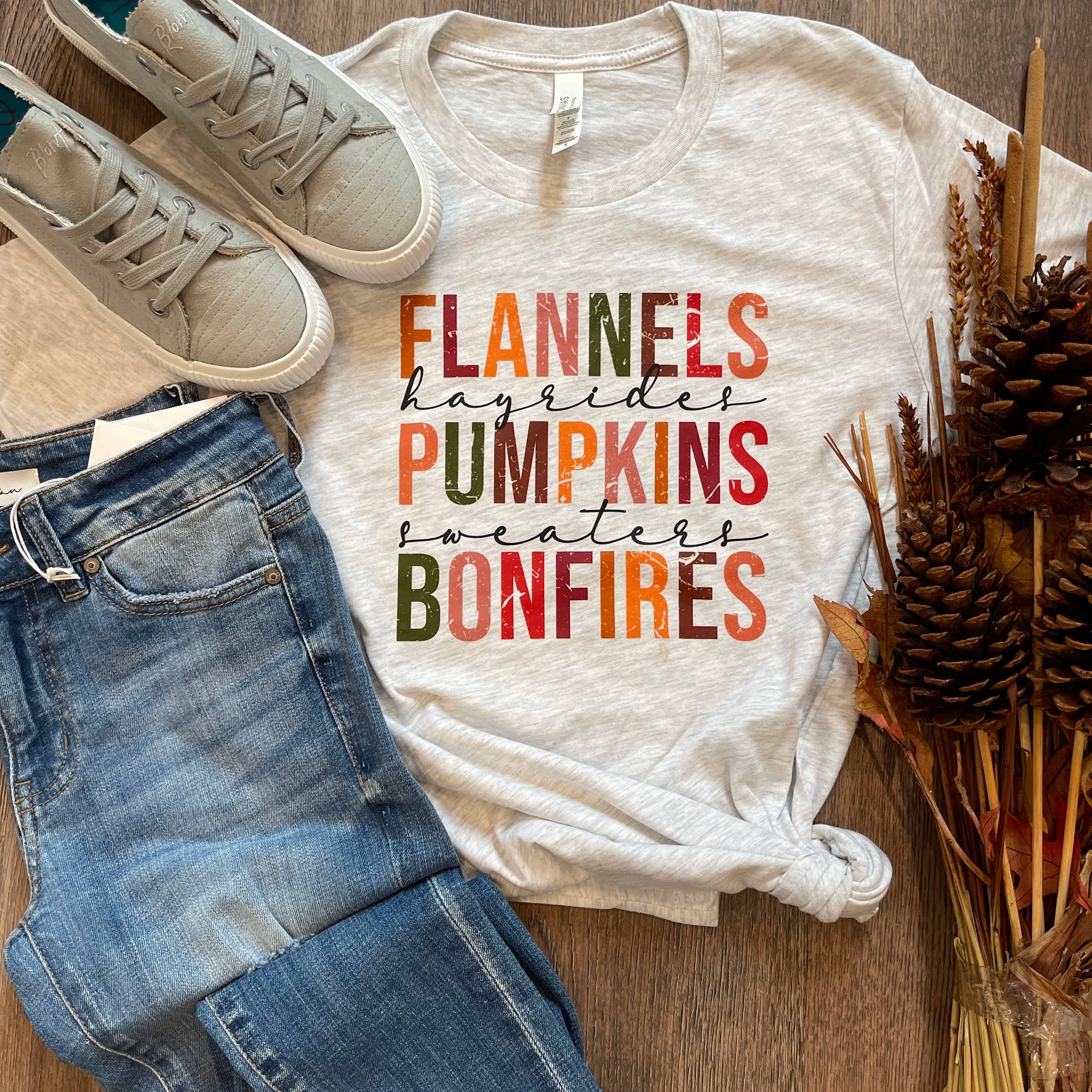 Flannels Pumpkins Bonfires Ash Grey Tee