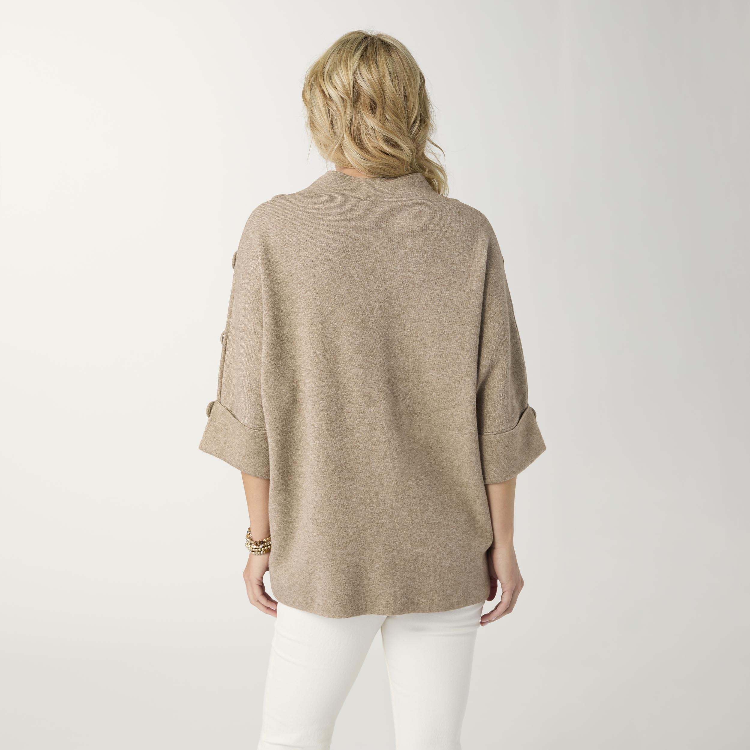 Heavenly-Luxe Beige Elbow Sleeve Funnel Neck with Button Detail