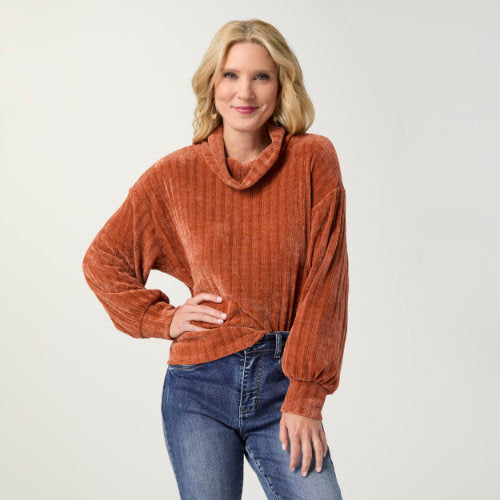 Tanner Autumn Orange Long Sleeve Cowl Neck Top