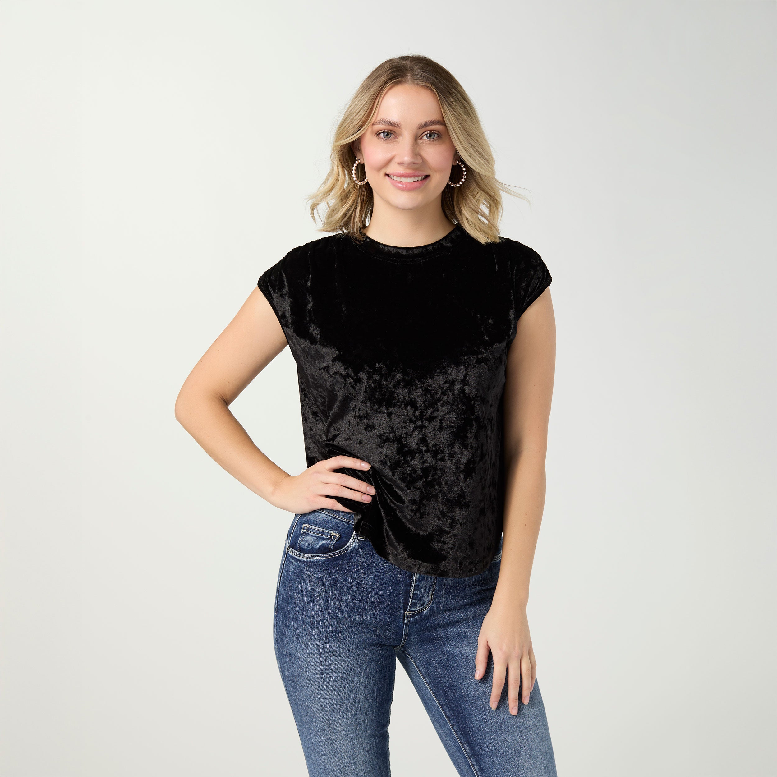 Lorelai Black Crushed Velour Cap Sleeve Top