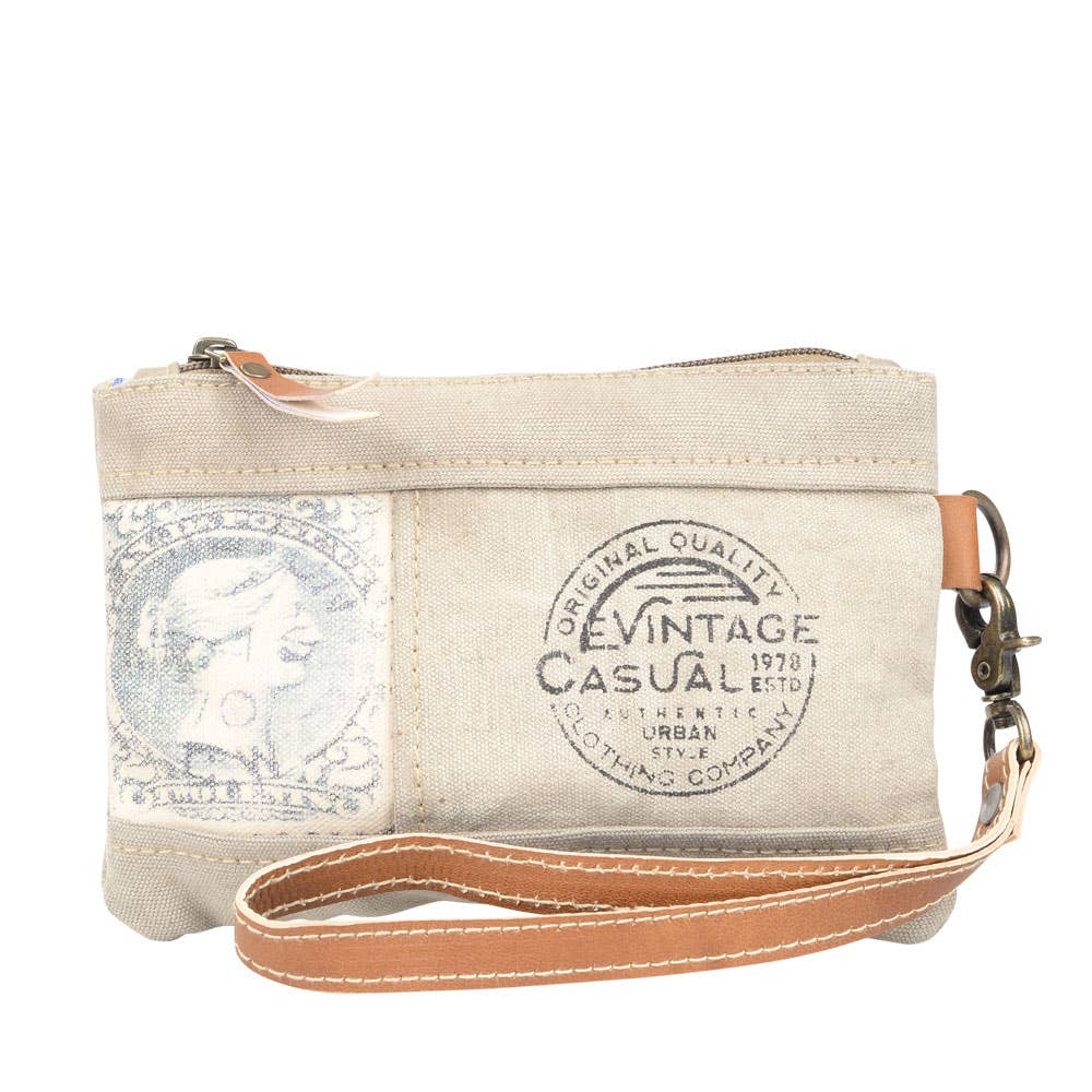 Vintage Stamp Canvas Wristlet Pouch