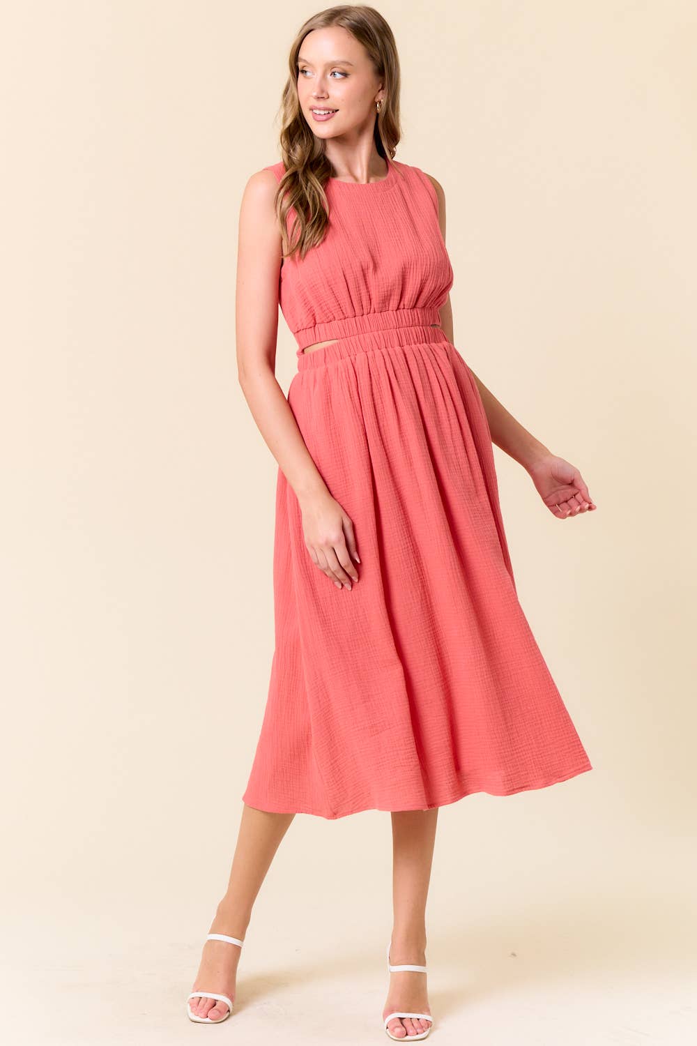 CUT-OUT WAIST MIDI DRESS W/ SIDE POCKET - 27920D: CORAL / S