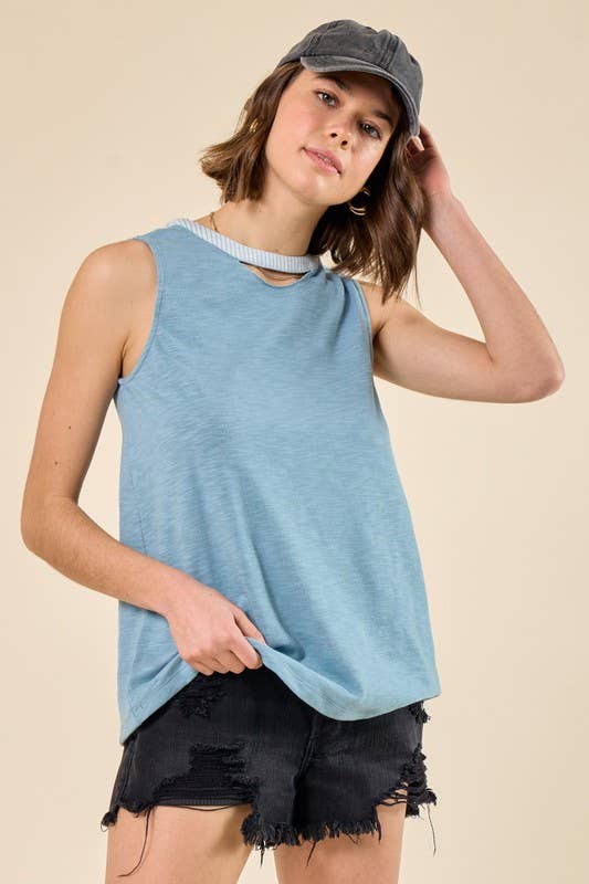 Slub Knit Cutout Muscle Tank, Woven Stripe Details - 14754T: Slate Blue / L