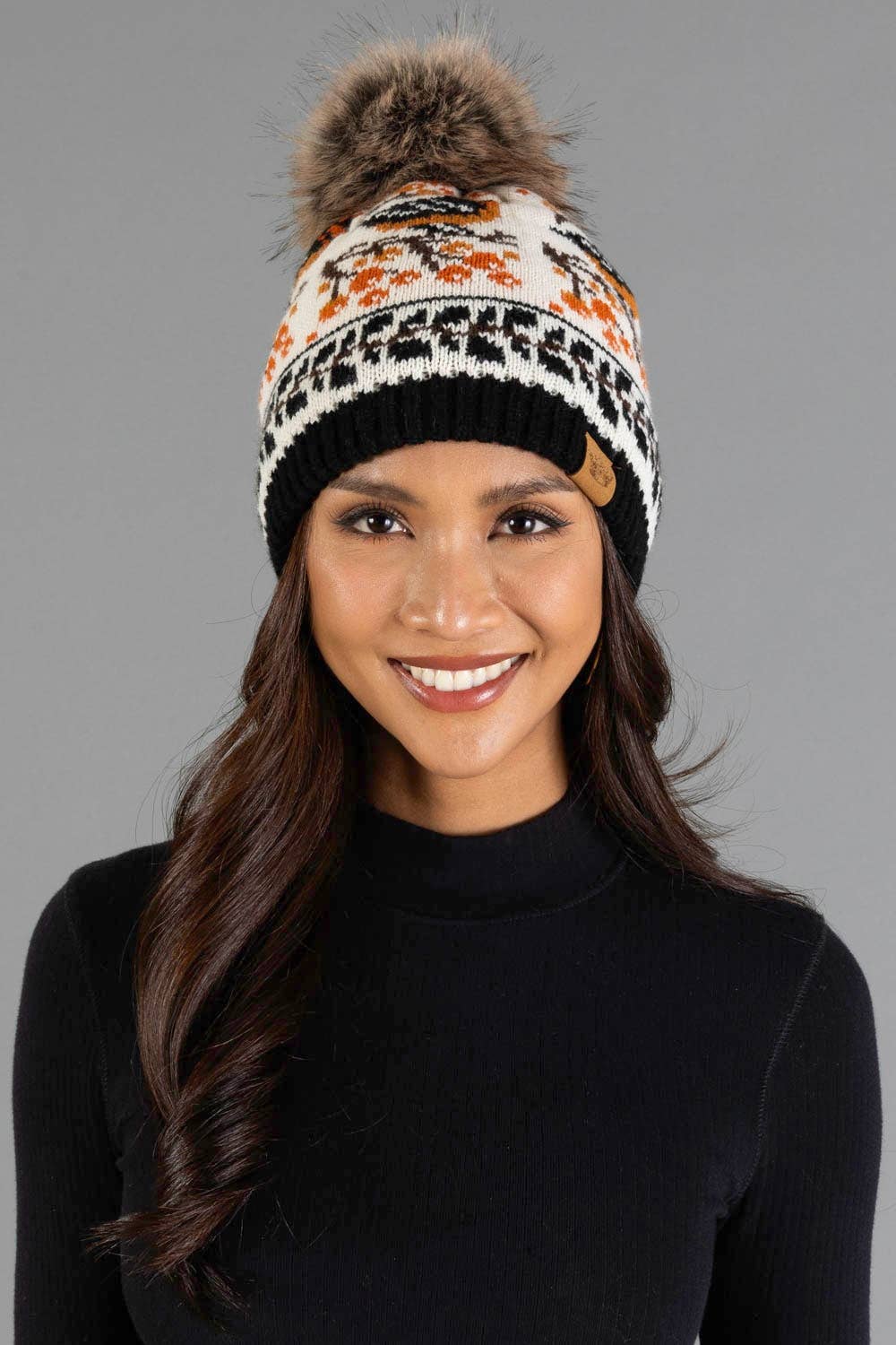 Birdie Black & Cream Pattern Knit Pom Hat