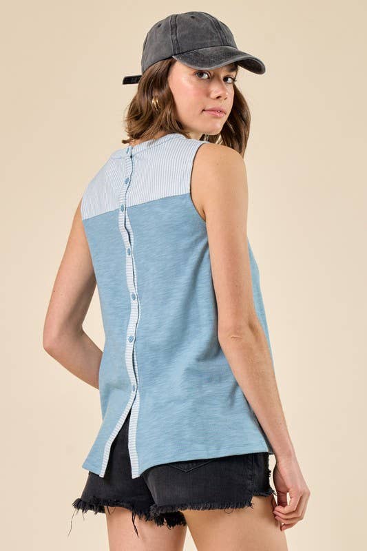 Slub Knit Cutout Muscle Tank, Woven Stripe Details - 14754T: Slate Blue / S