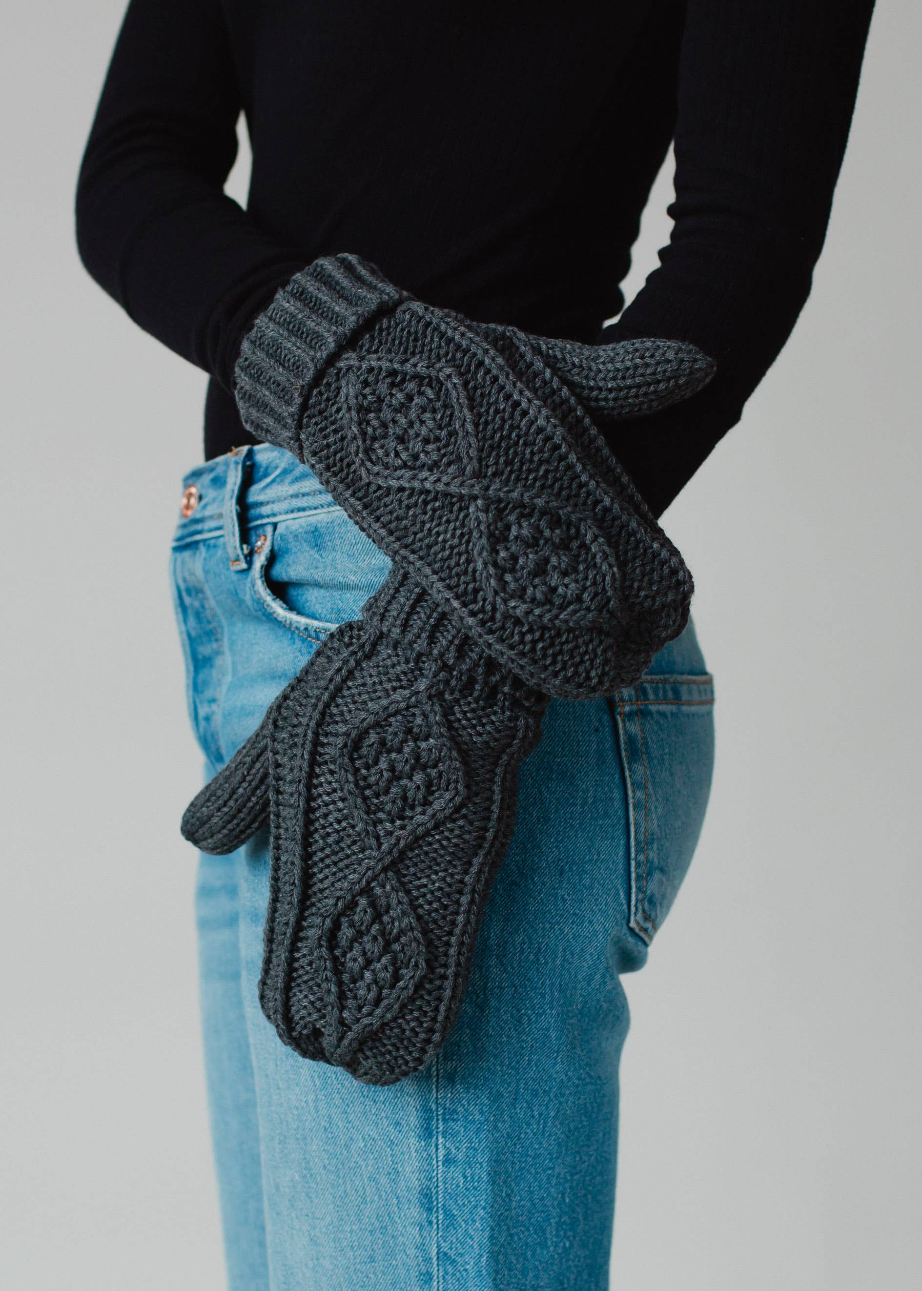 Dark Gray Cable Knit Mittens