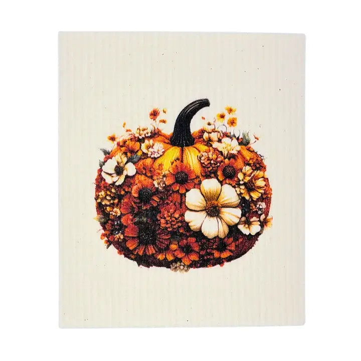 Flower Covered Pumpkin Swedish Sponge Cloth