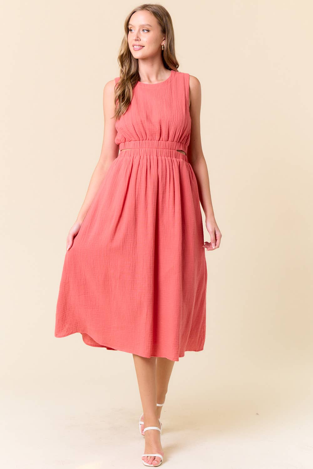 CUT-OUT WAIST MIDI DRESS W/ SIDE POCKET - 27920D: CORAL / M