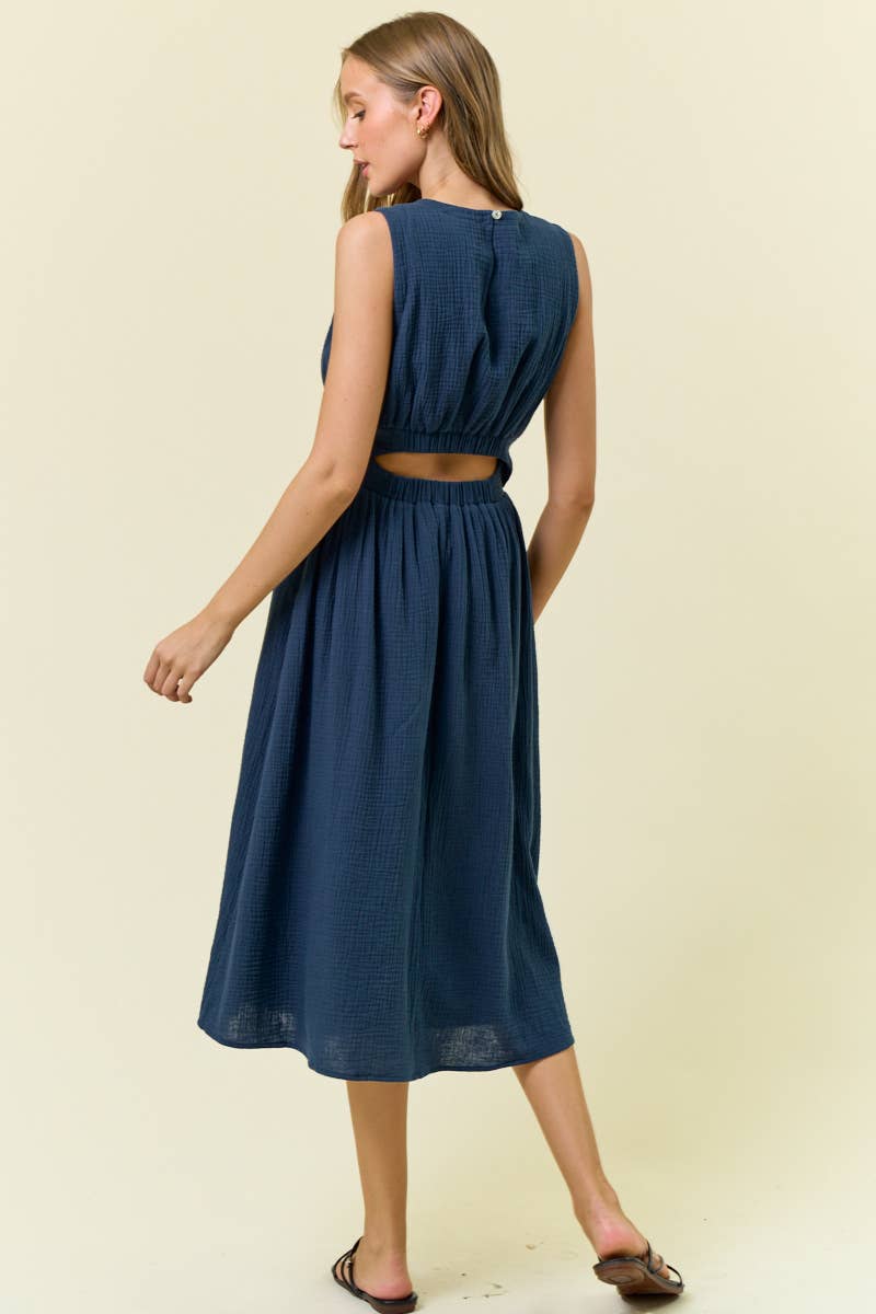 CUT-OUT WAIST MIDI DRESS W/ SIDE POCKET - 27920D: CORAL / M