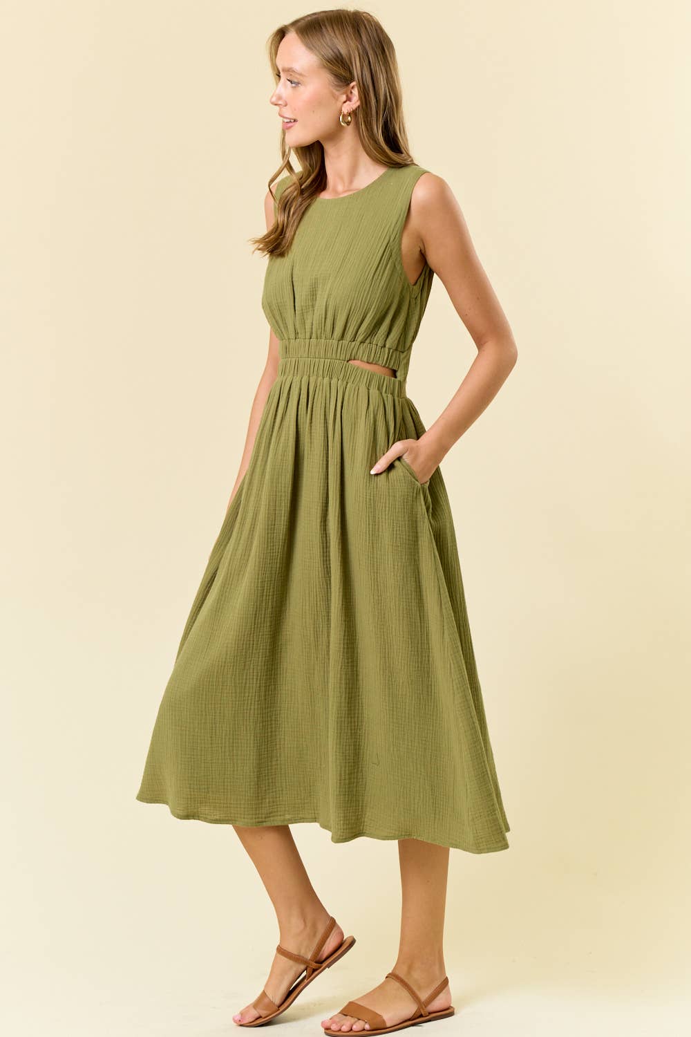 CUT-OUT WAIST MIDI DRESS W/ SIDE POCKET - 27920D: CORAL / S