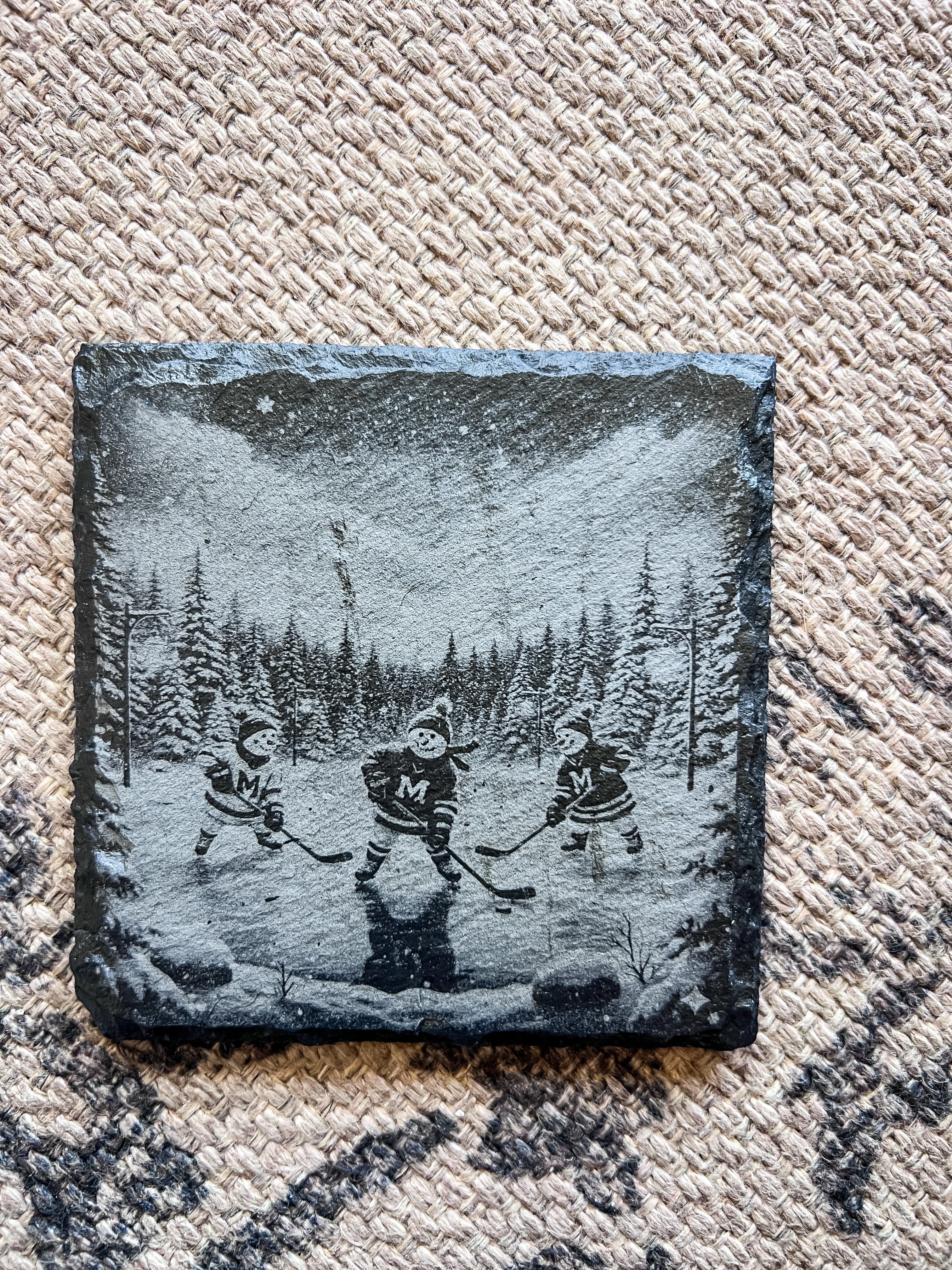 Snowmen Playing Hockey Engraved Coaster