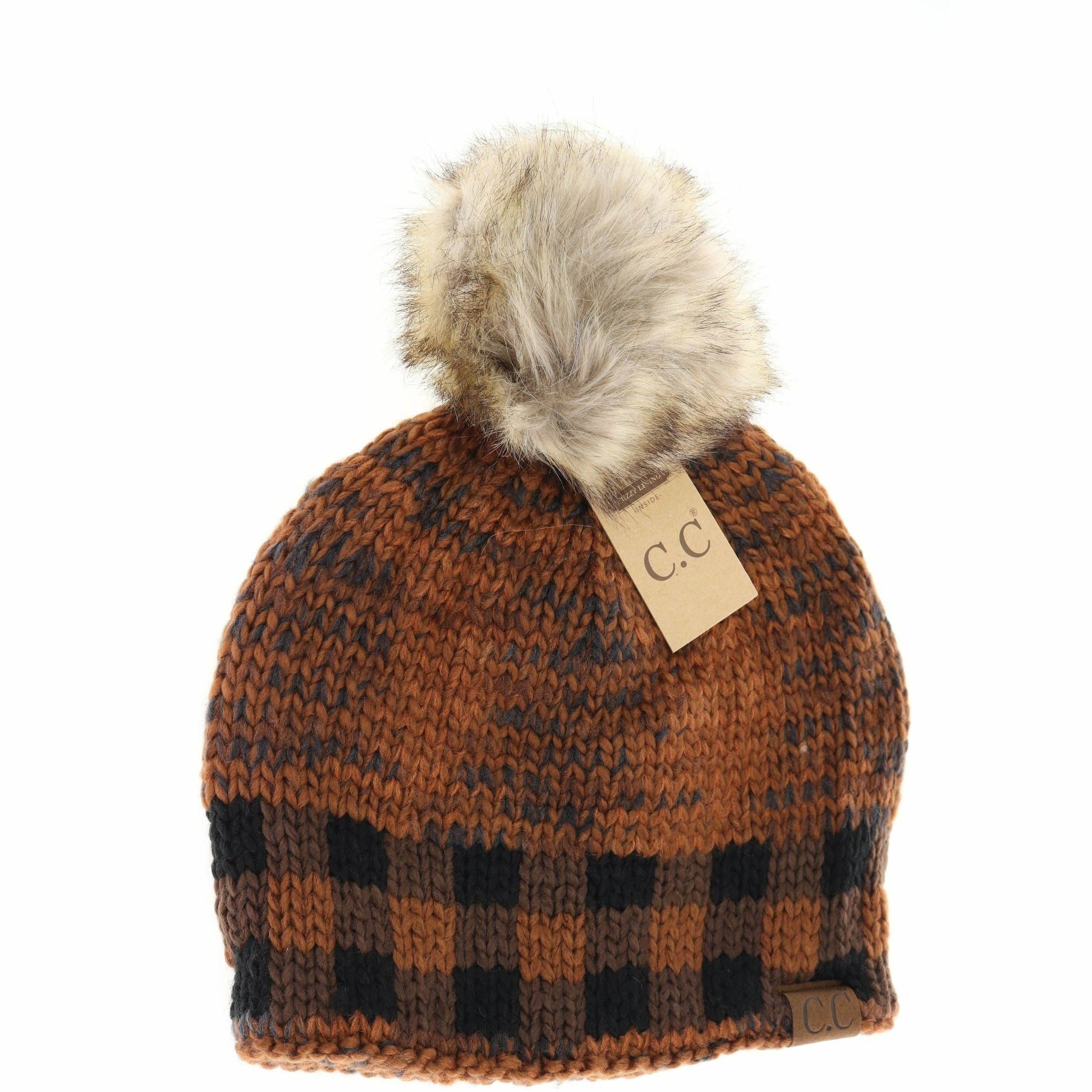 Buffalo Check Mixed Print Fur Pom C.C Beanie HAT2083: Cinnamon