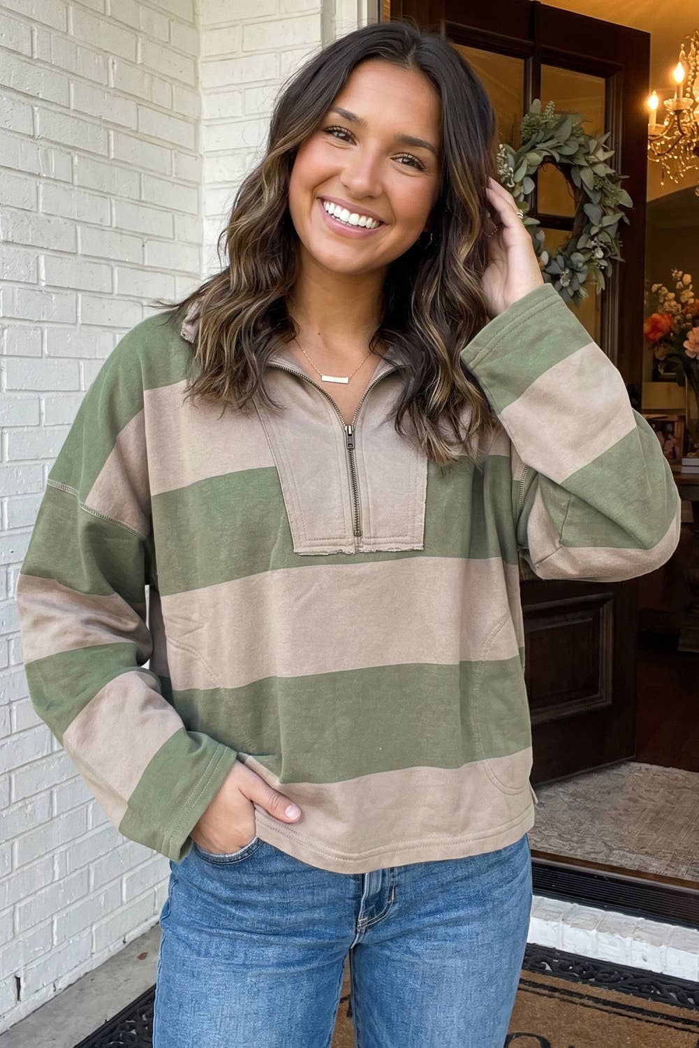 LAS Striped Colorblock Zipper Collar Casual Blouse (S-XL): Green / XL