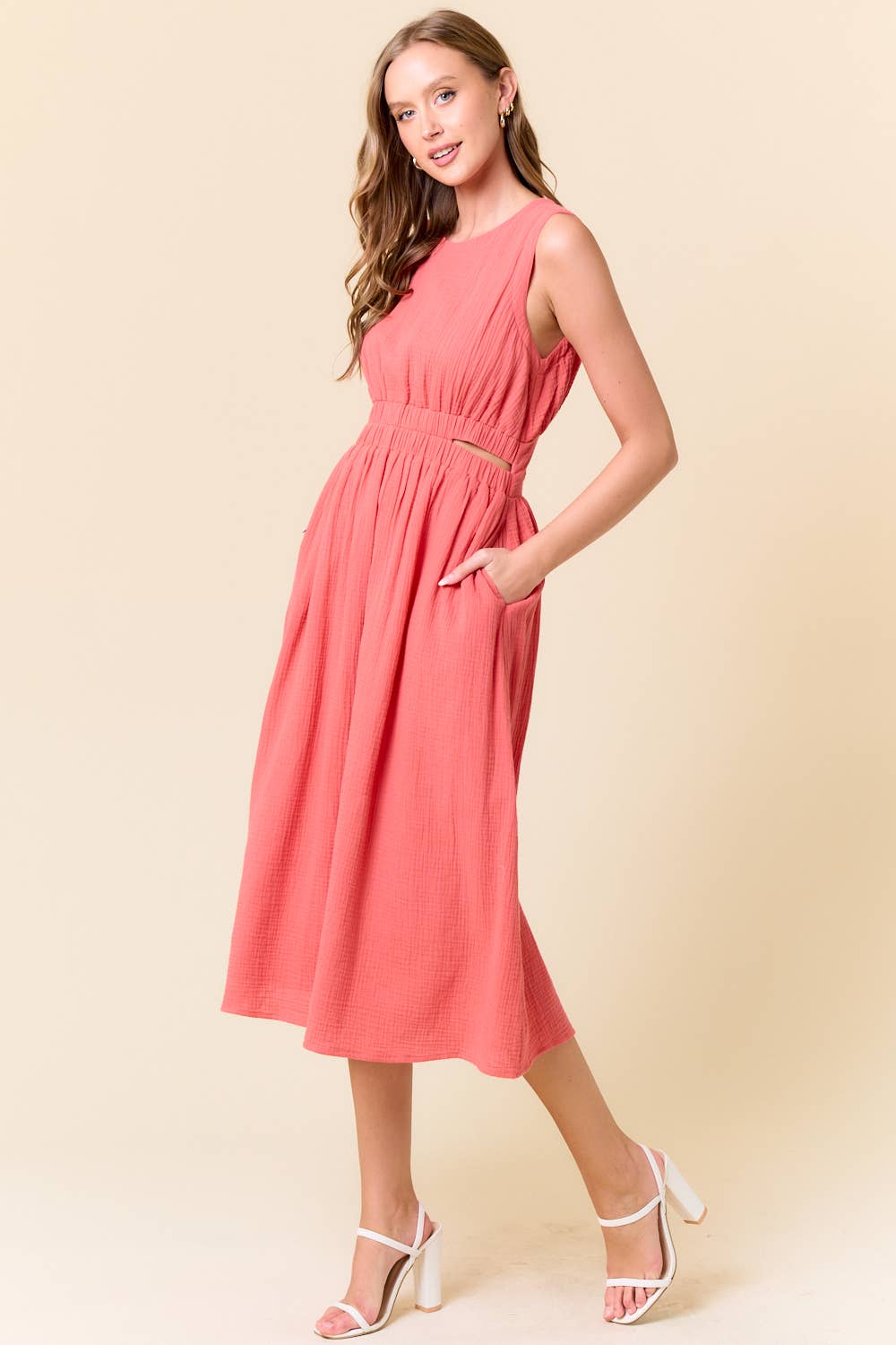 CUT-OUT WAIST MIDI DRESS W/ SIDE POCKET - 27920D: CORAL / M