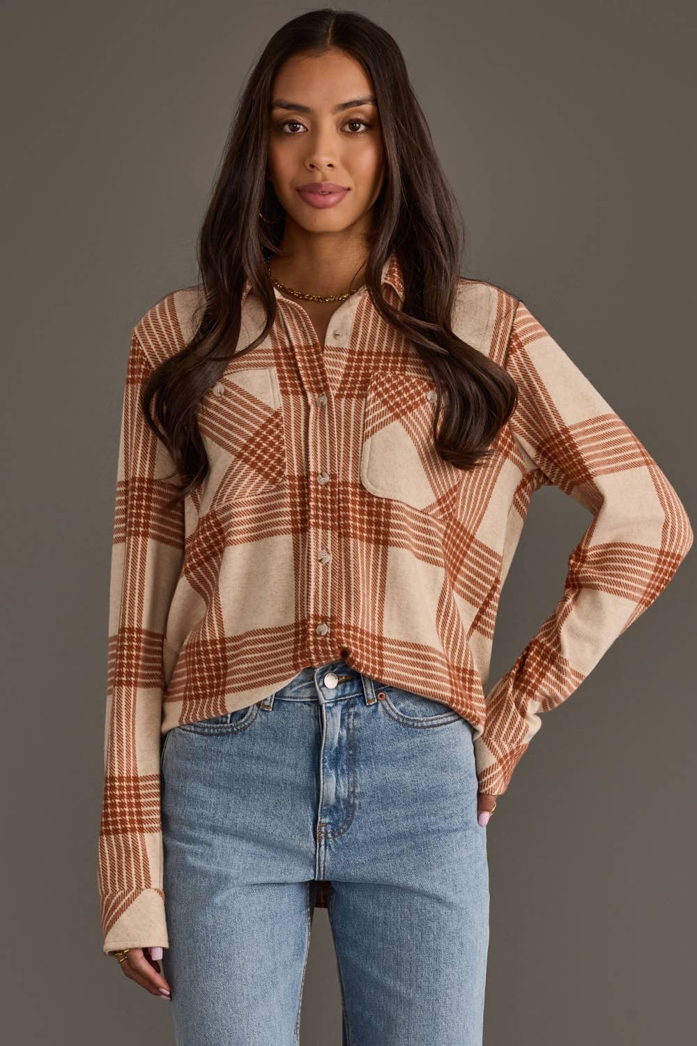 Cream & Rust Plaid Button Up