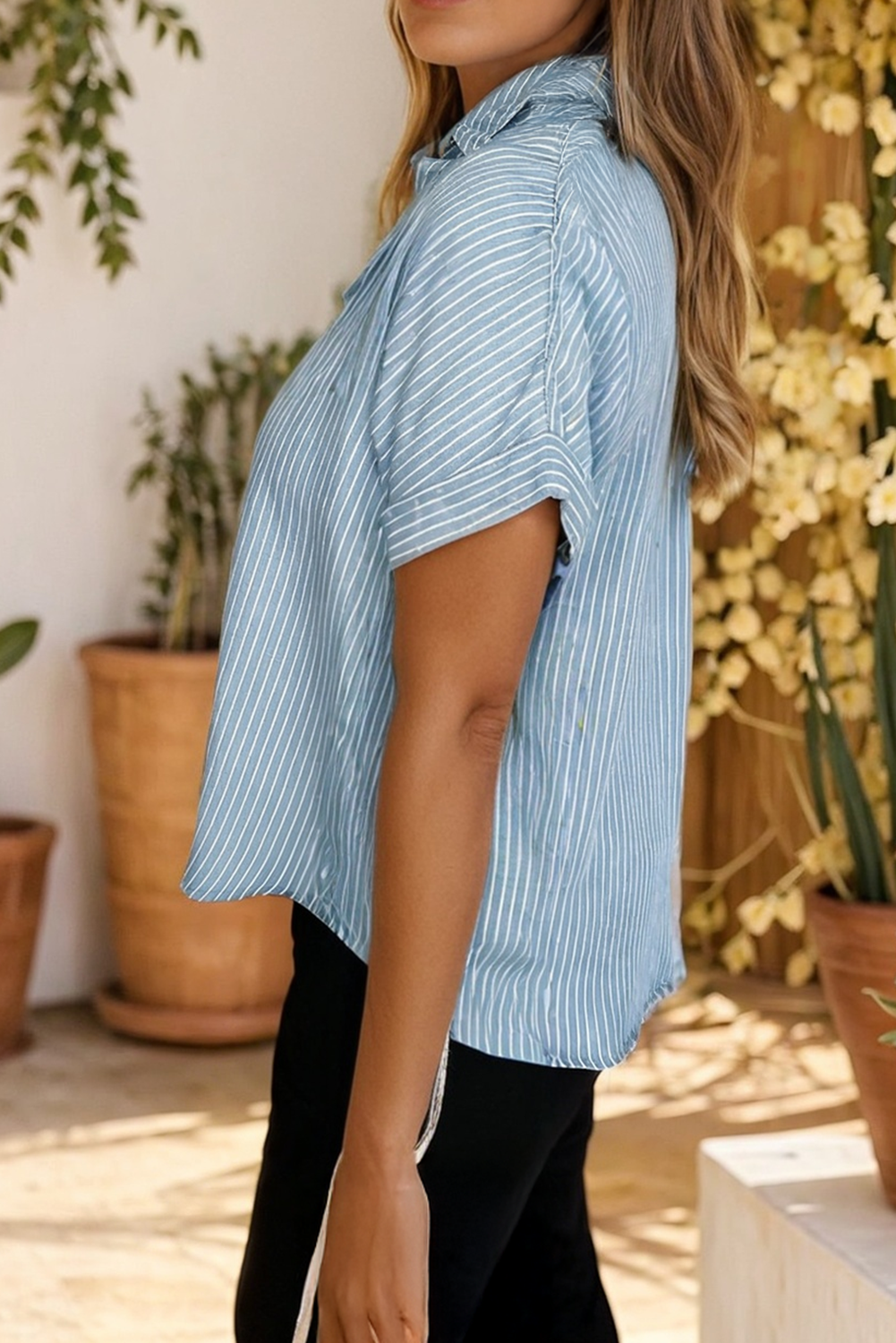 Missy Stripe Cuffed Short Sleeve Button up Loose Shirt