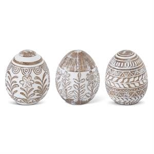 K&K Seasonal Decor 4" Whitewashed Floral Carved Resin Easter Eggs