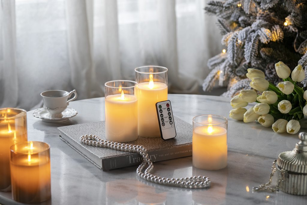 LED White Wax Candle in Glass Hurricane