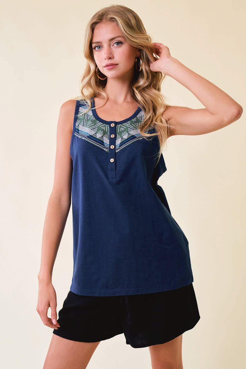 Blue Jacquard Yoke Button Tank