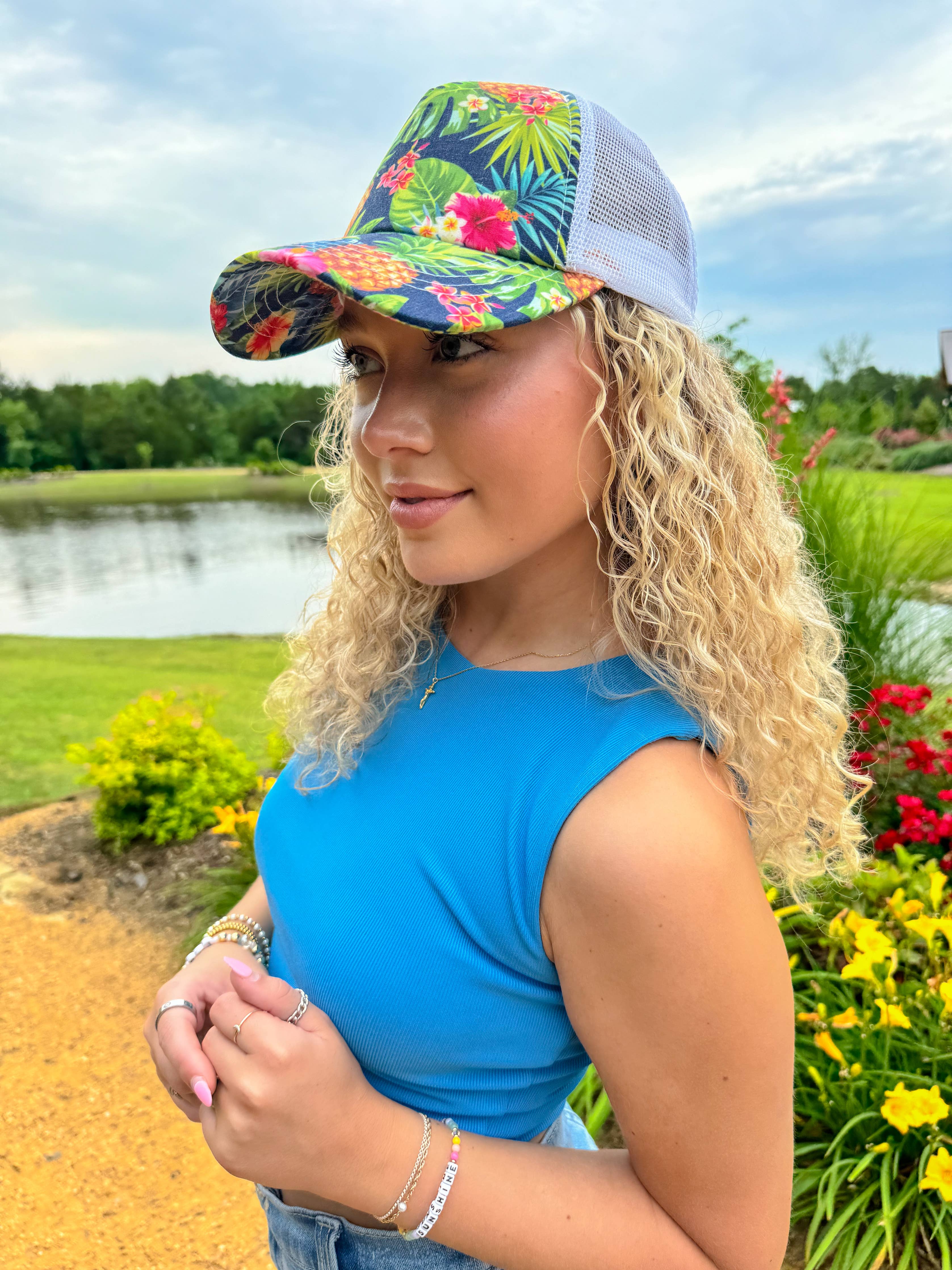 Tropical Palm Print Criss Cross High Pony C.C Ball Cap