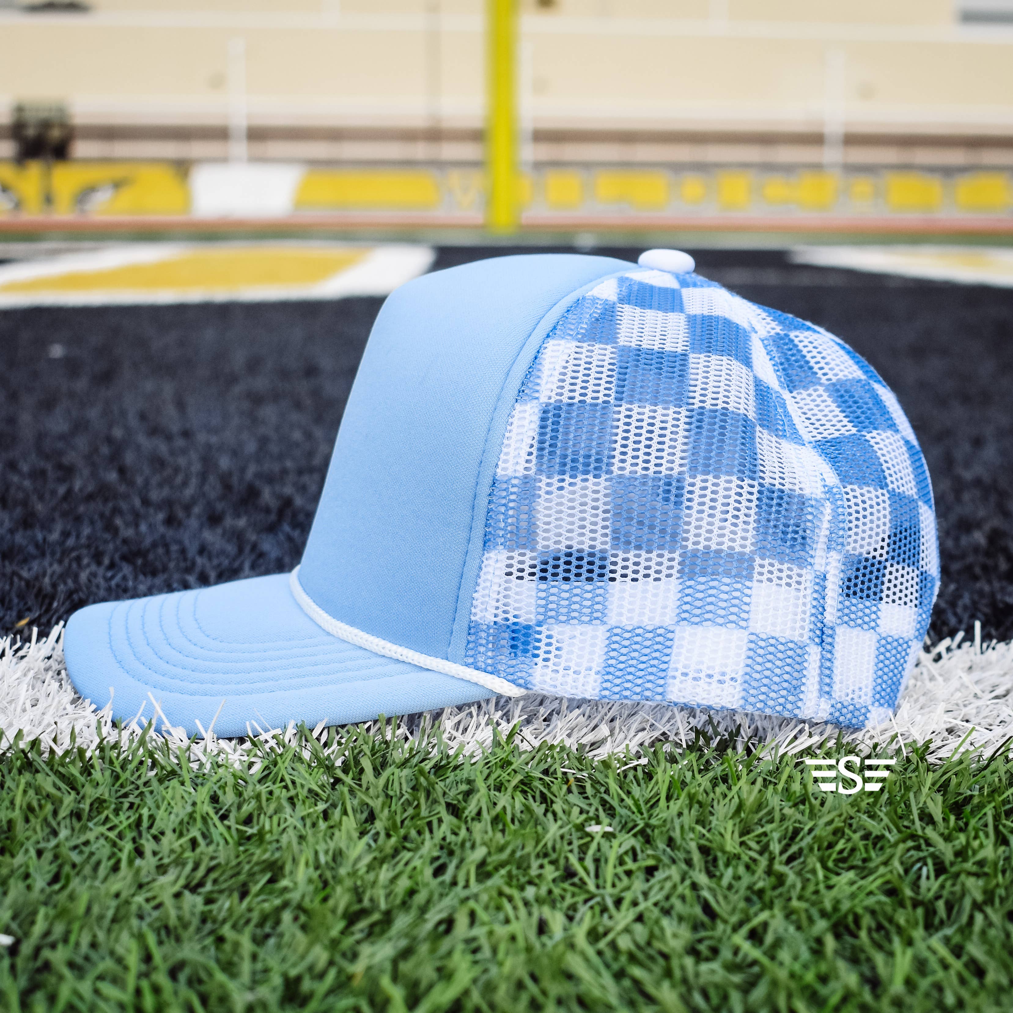 Checkered Mesh Back Cap: Columbia Blue/ White