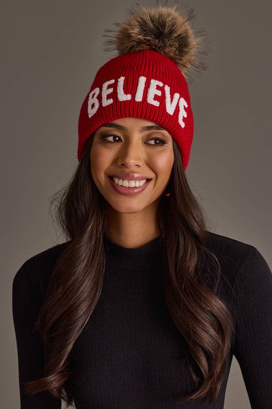Red Believe Knit Pom Hat