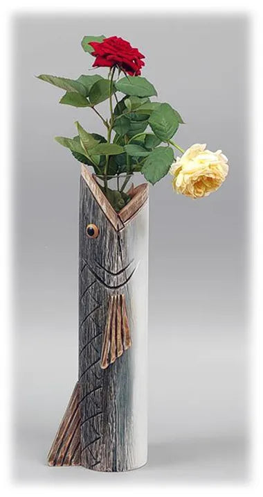 8.5" Wooden Fish Vase w/Glass