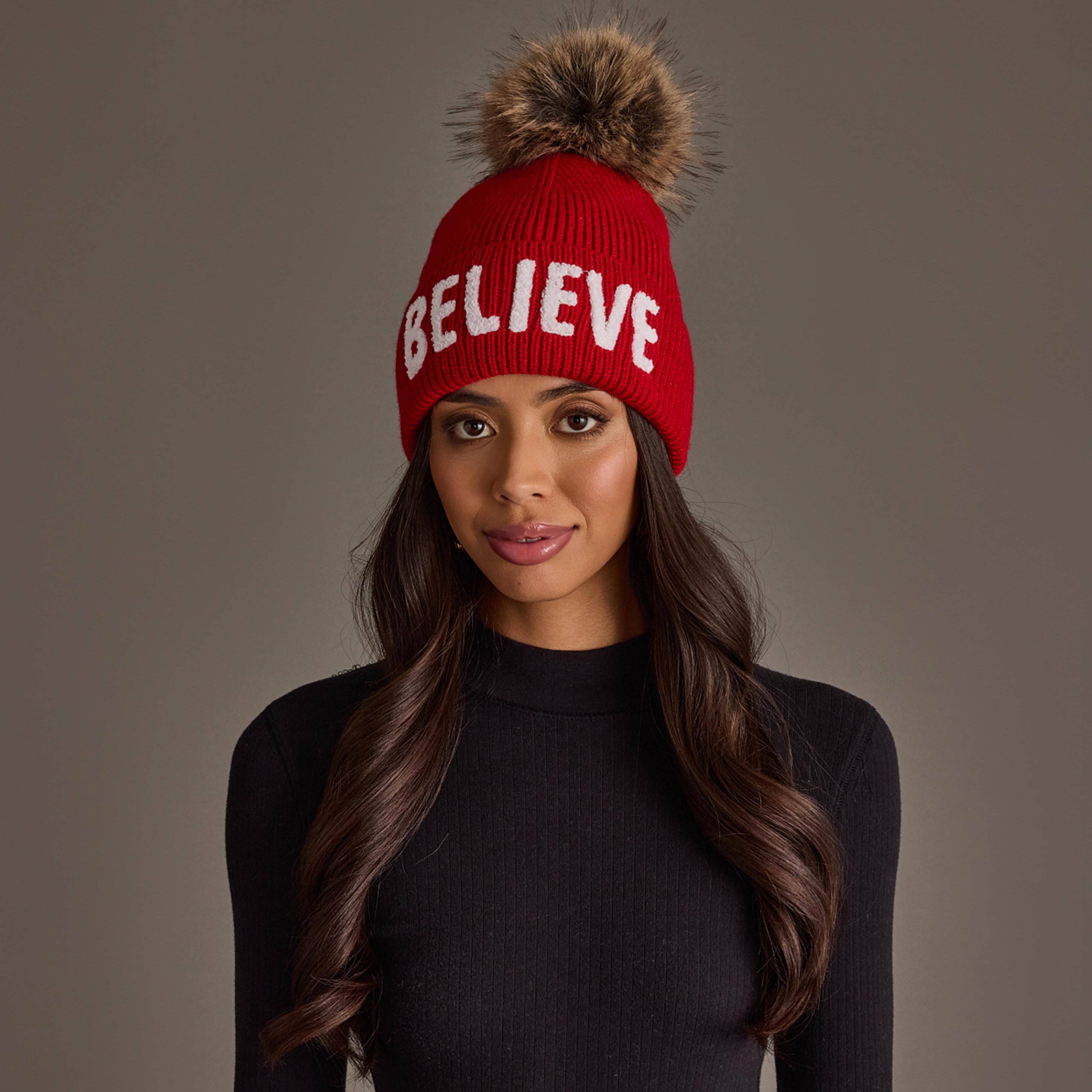 Red Believe Knit Pom Hat