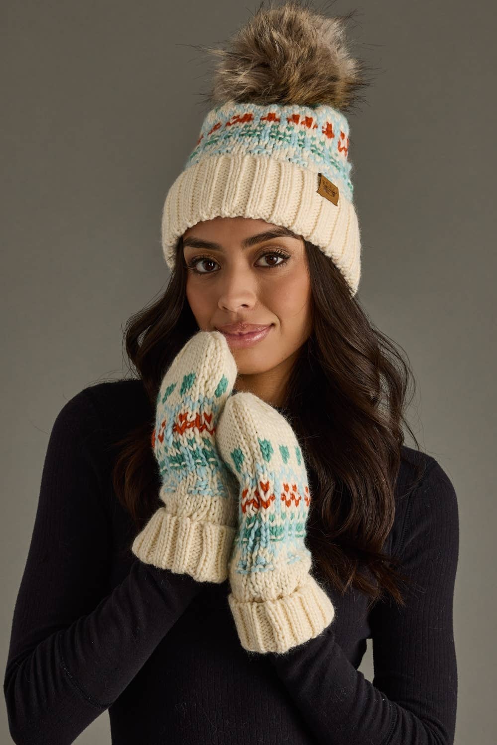 Ivory, Light Blue, Mint & Orange Patterned Pom Hat