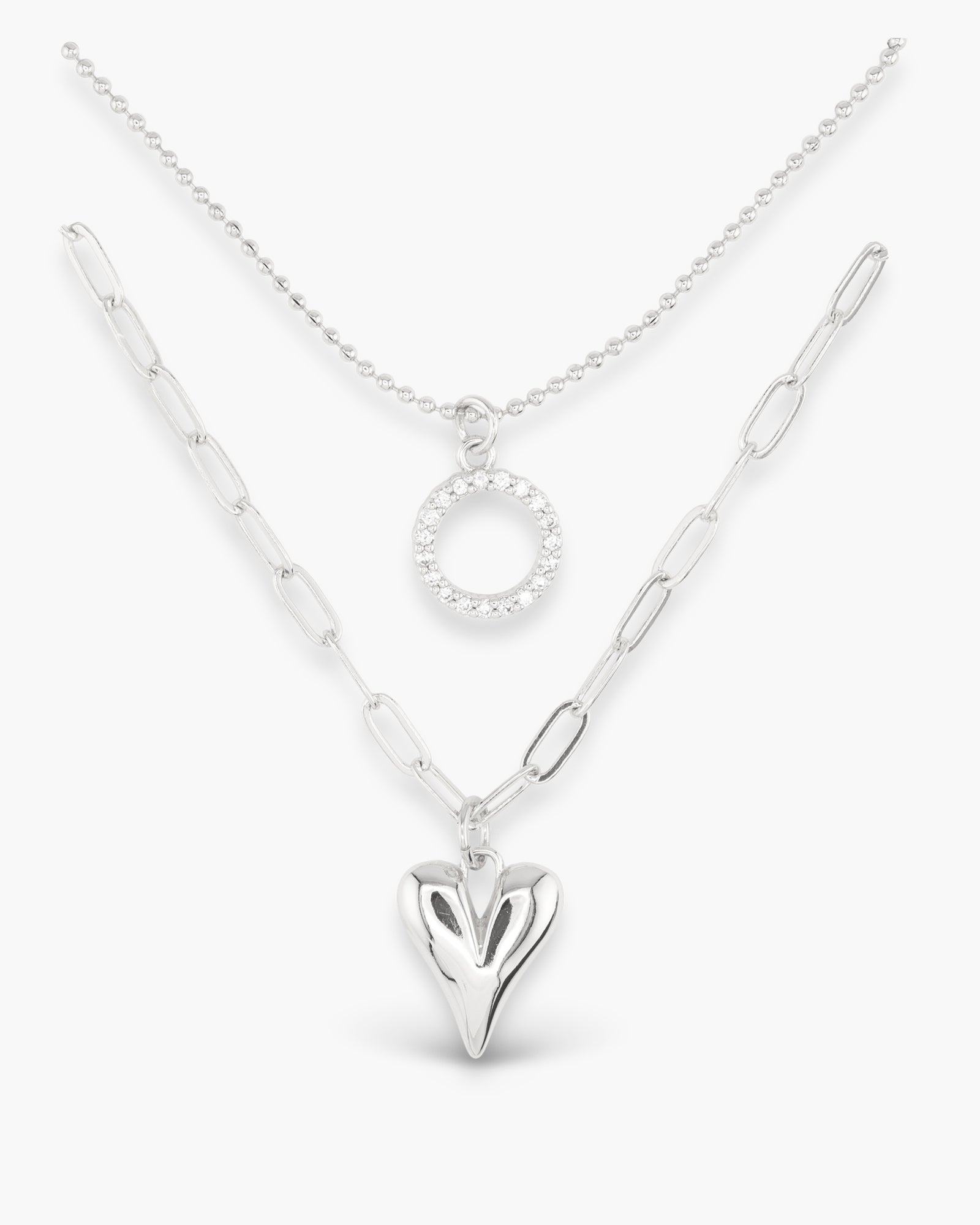 Silver CZ Dual Layer Circle Heart Necklace