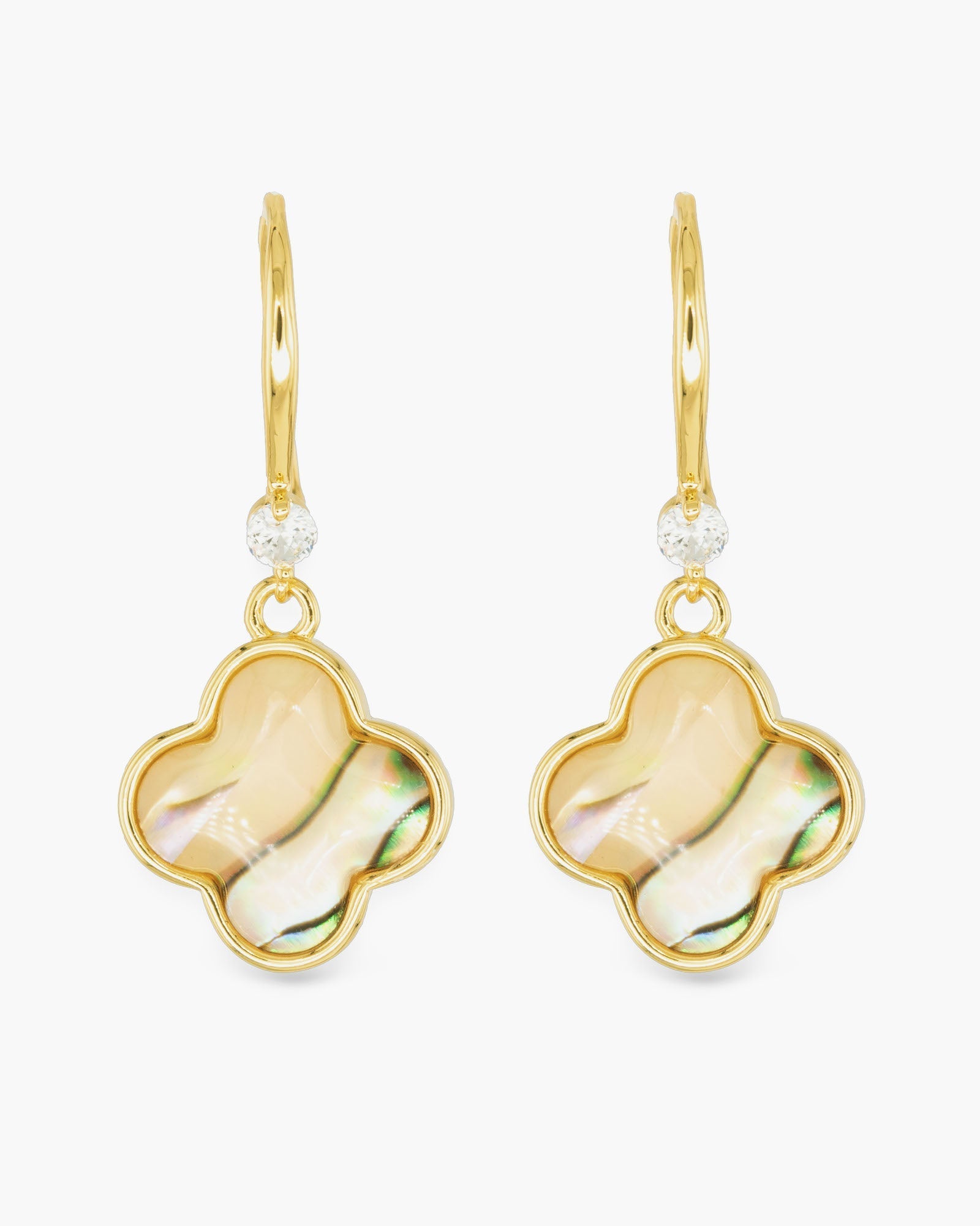 Gold Abalone Tan Clover Drop Earrings
