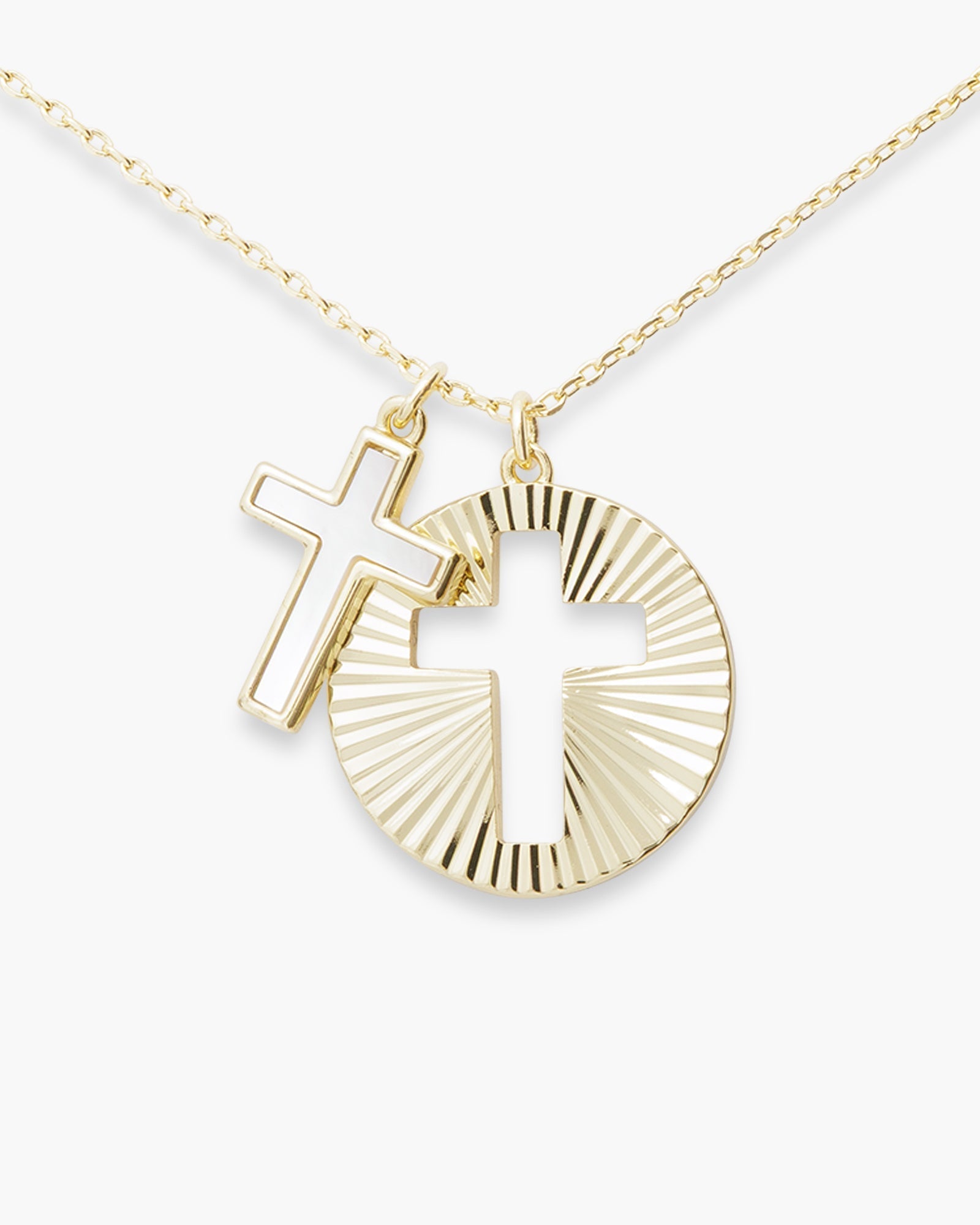 Gold MOP Cross and Gold Disc Cutout Cross Pendant