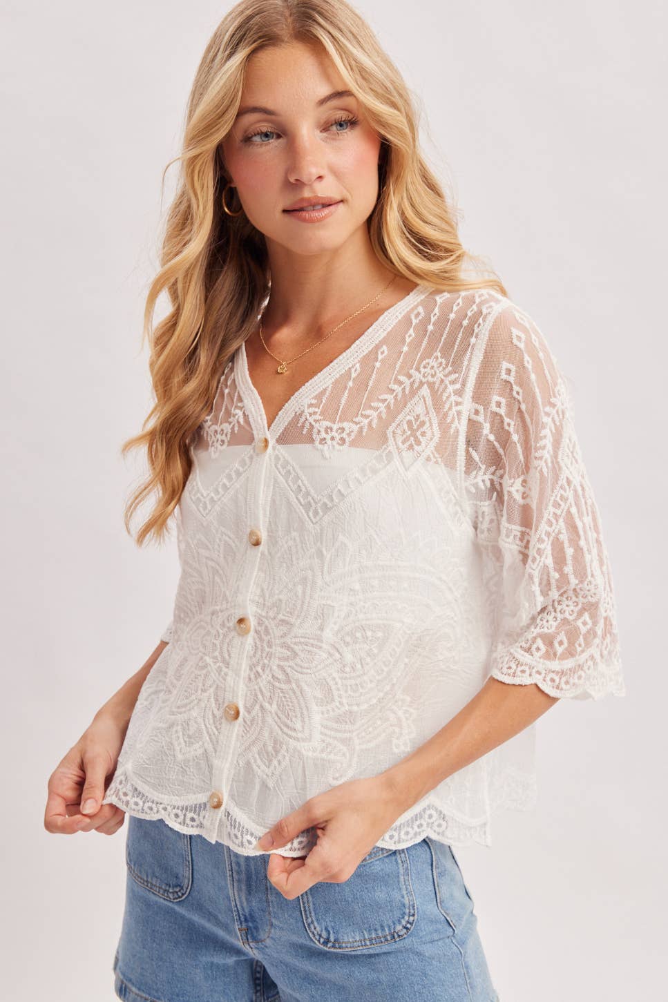 Sheer Embroidered Mesh Scalloped Hem Blouse