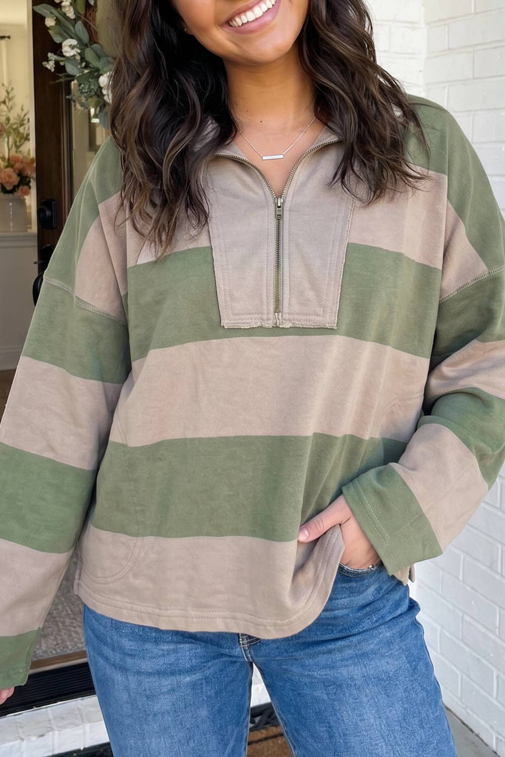 LAS Striped Colorblock Zipper Collar Casual Blouse (S-XL): Green / M