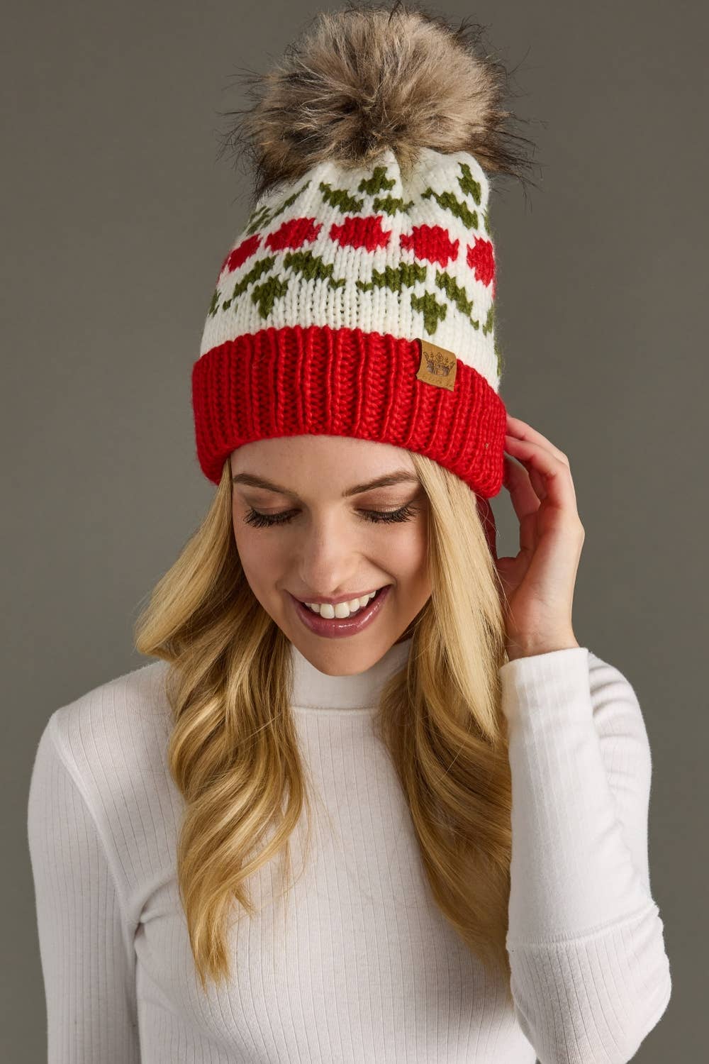 Ivory & Red Holly Patterned Pom Hat