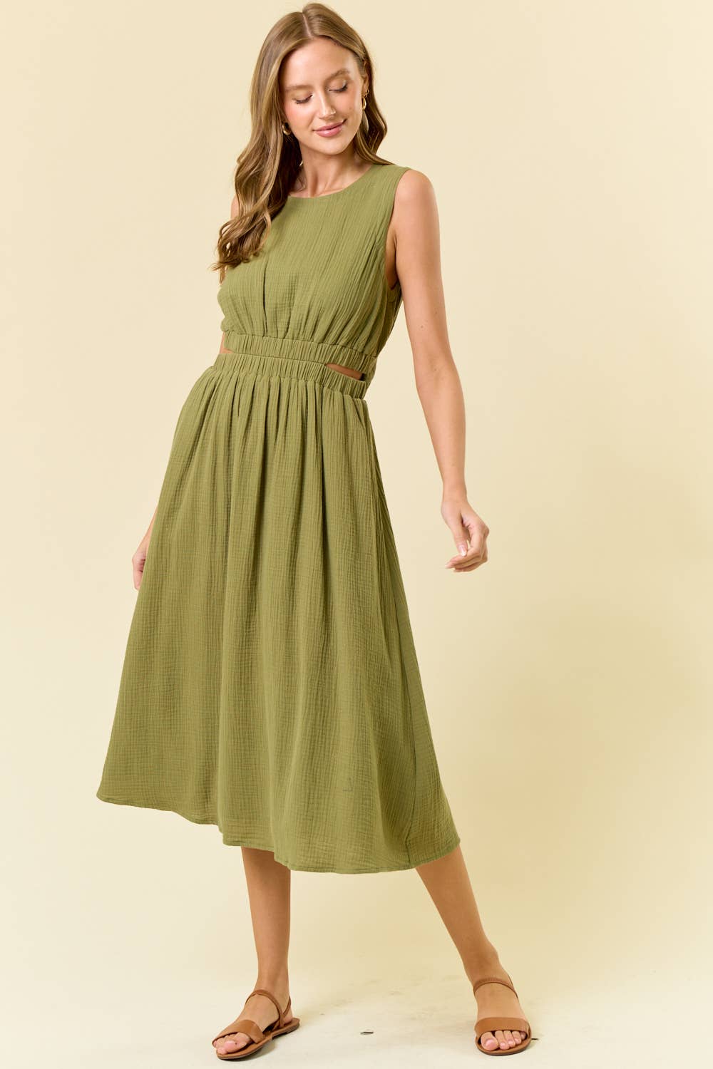 CUT-OUT WAIST MIDI DRESS W/ SIDE POCKET - 27920D: CORAL / L