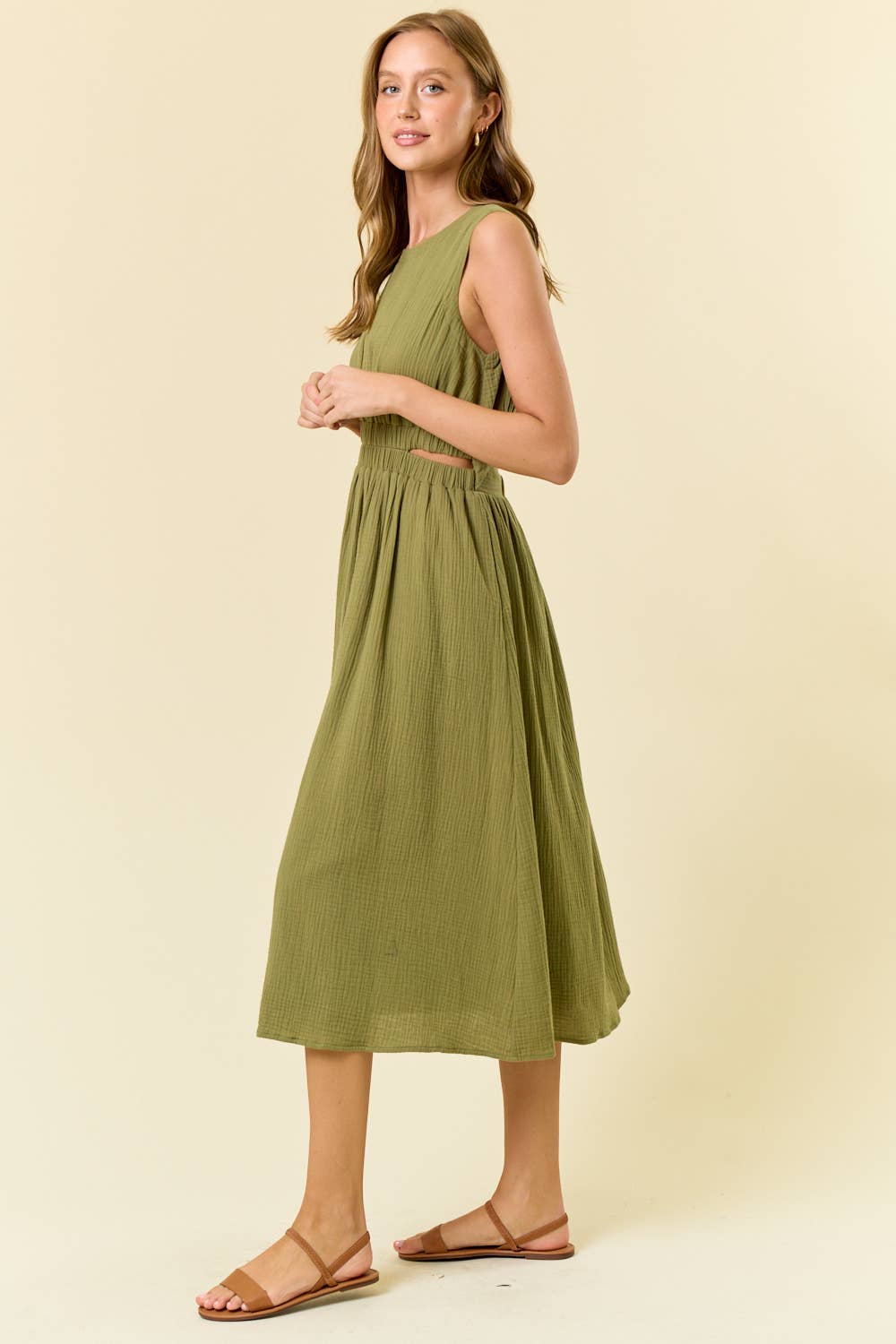 CUT-OUT WAIST MIDI DRESS W/ SIDE POCKET - 27920D: CORAL / S