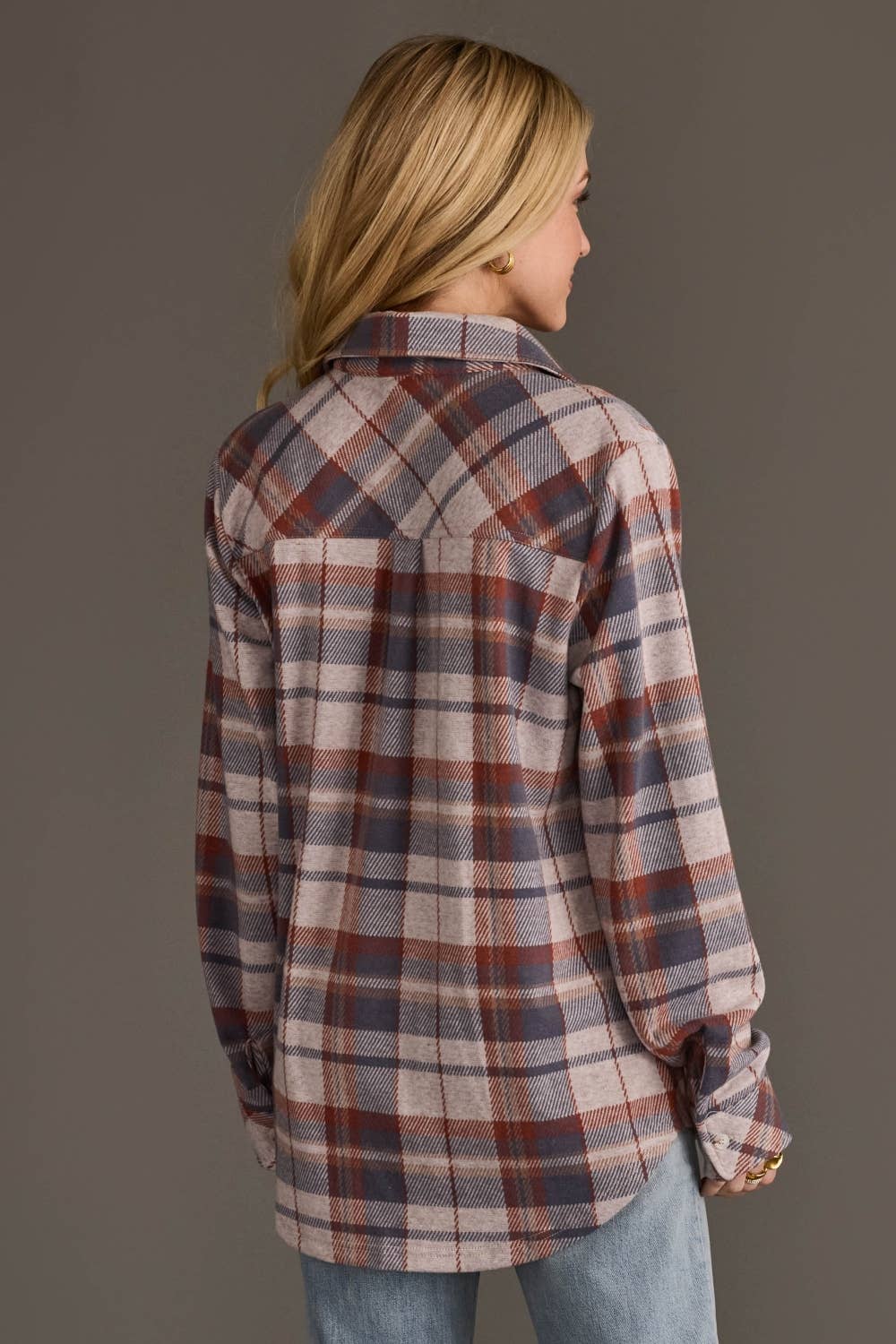 Dusty Blue, Brick & Tan Plaid Button Up