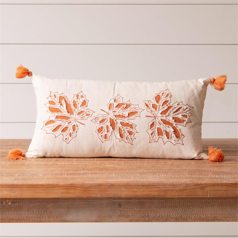 Embroidered Leaf & Tassel Lumbar Pillow