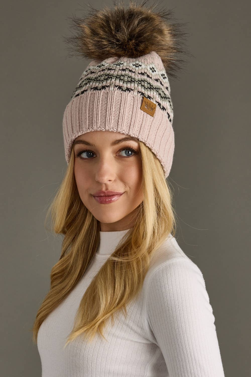 Blush, Sage, Black & White Patterned Pom Hat