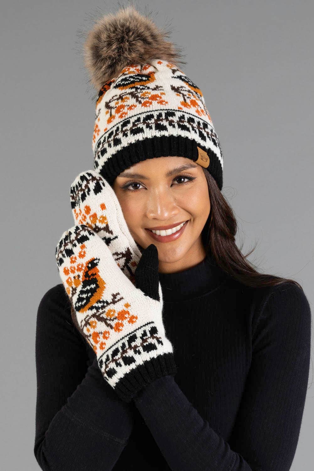 Birdie Black & Cream Pattern Knit Pom Hat