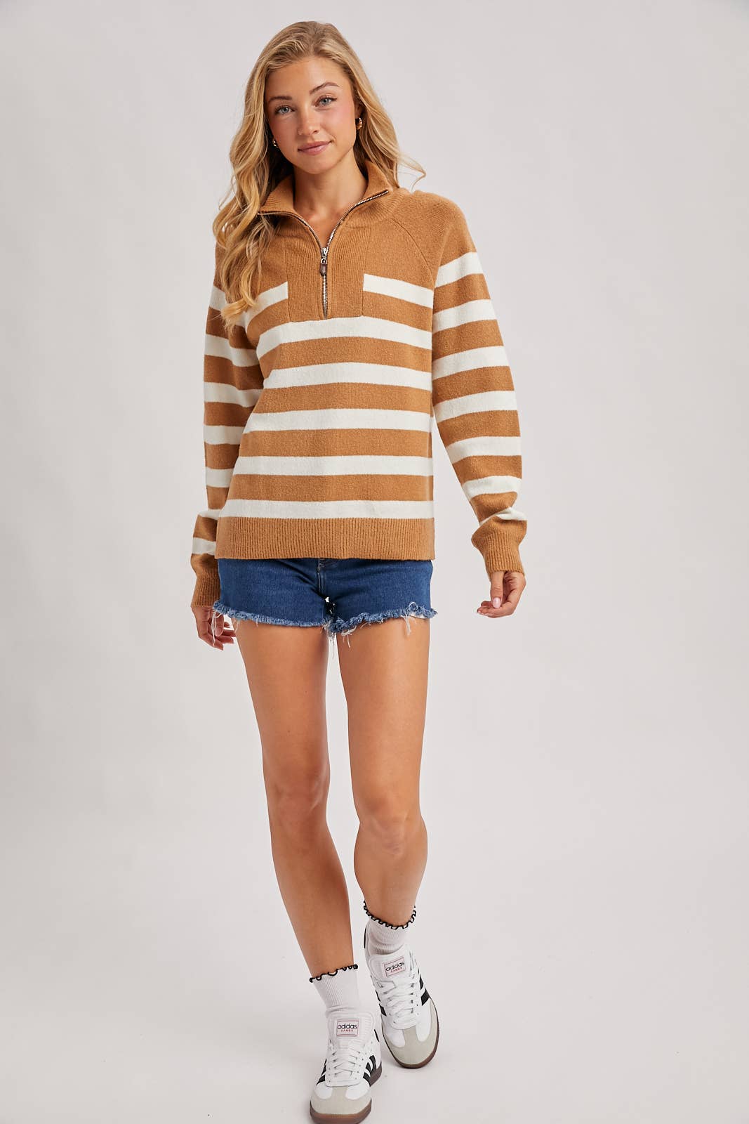 Camel Striped Half Zip Sweater