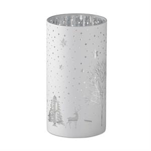 MJJ #8 Seasonal Decor 7.75 Inch White Glass Laser Engraved Winter Scene Candle