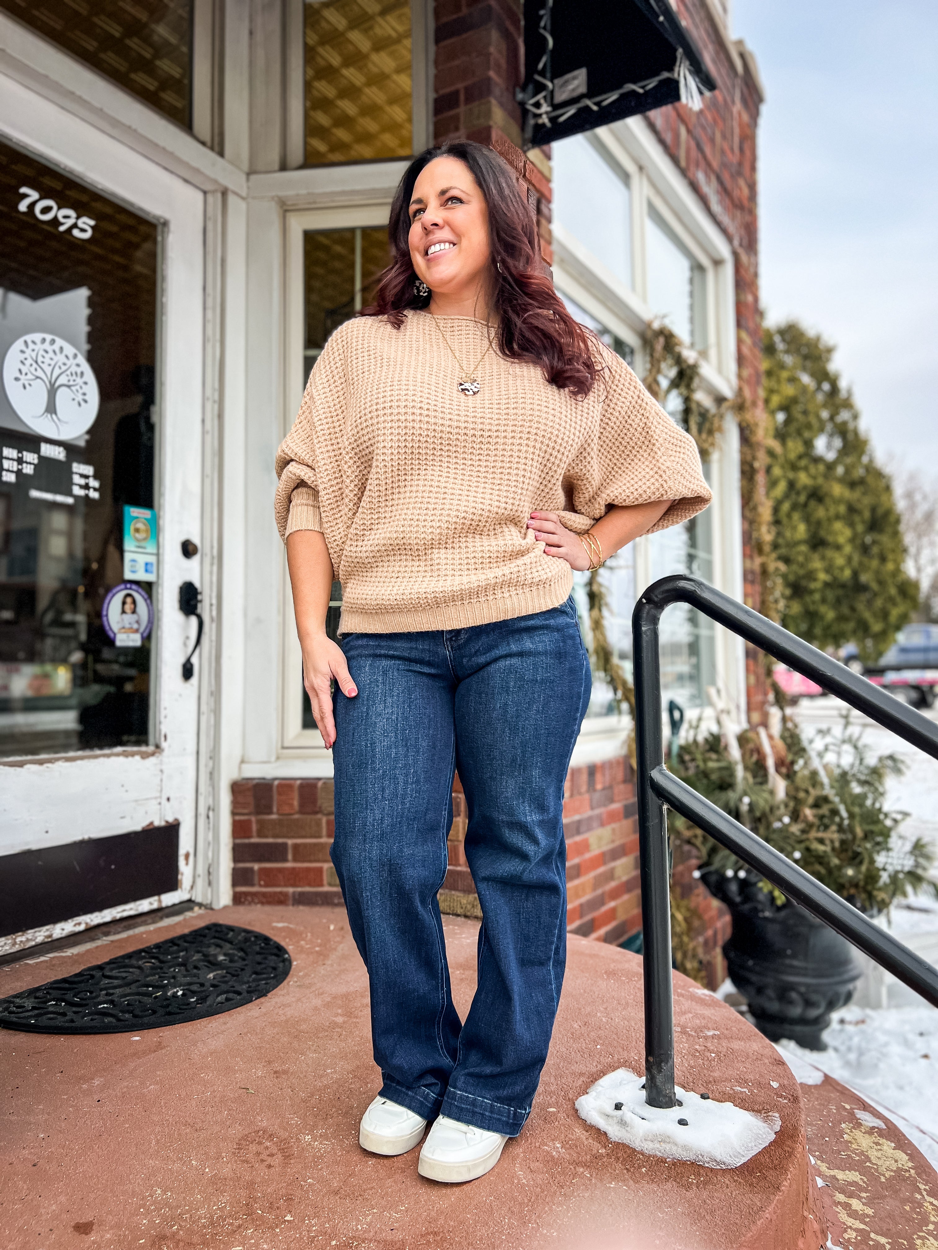 Latte Boatneck Waffle Sleeve Sweater