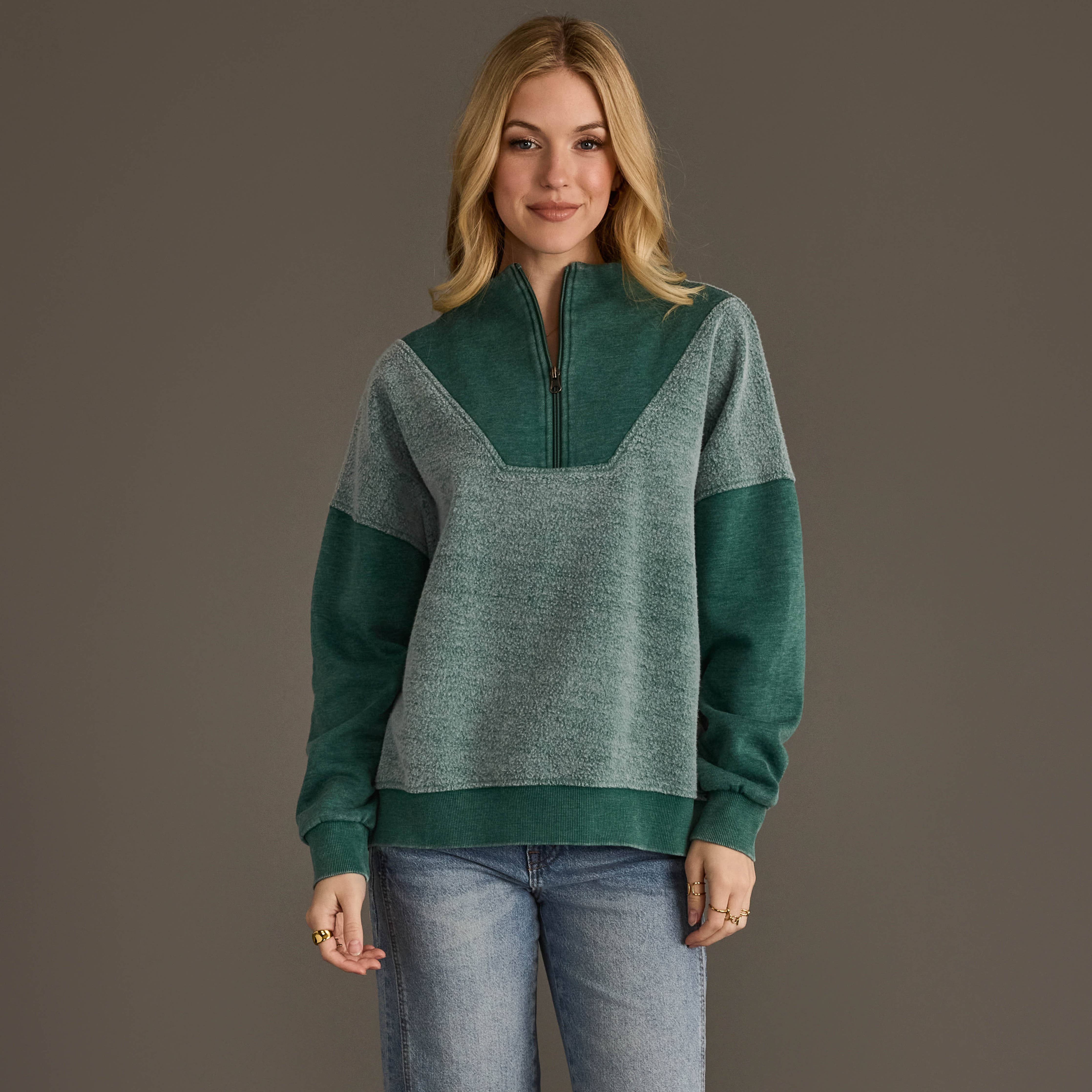 Green Mixed Media Quarter Zip Sweatshirt