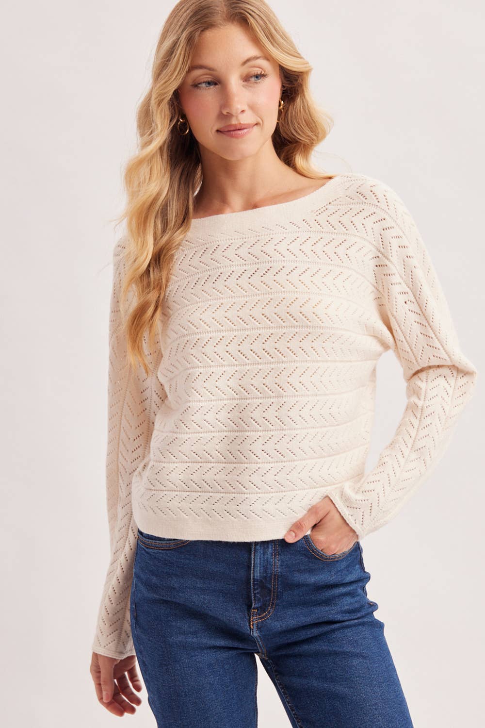 CHEVRON POINTELLE BOAT-NECK KNIT SWEATER PULLOVER: ECRU / S/M