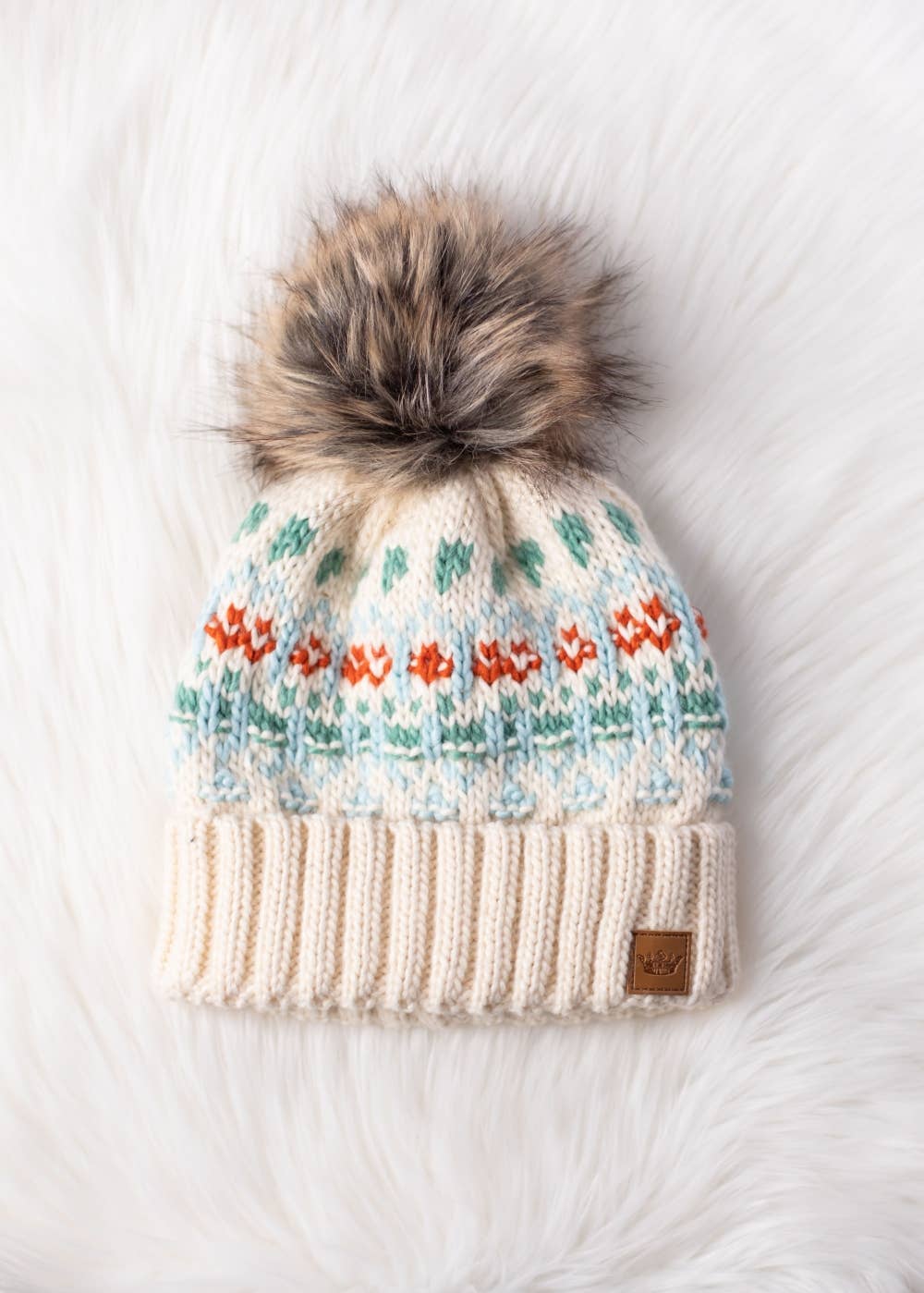 Ivory, Light Blue, Mint & Orange Patterned Pom Hat
