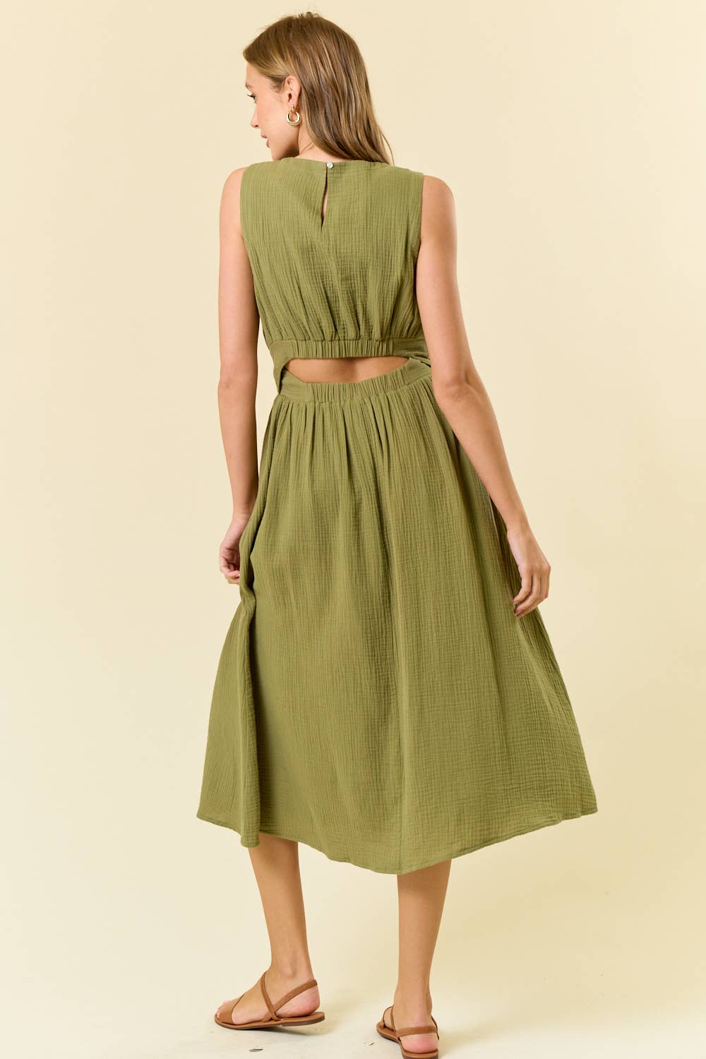CUT-OUT WAIST MIDI DRESS W/ SIDE POCKET - 27920D: CORAL / M