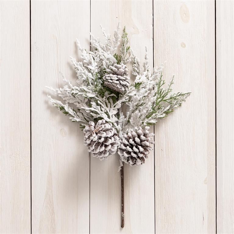 White Flocked With Pinecones Pick